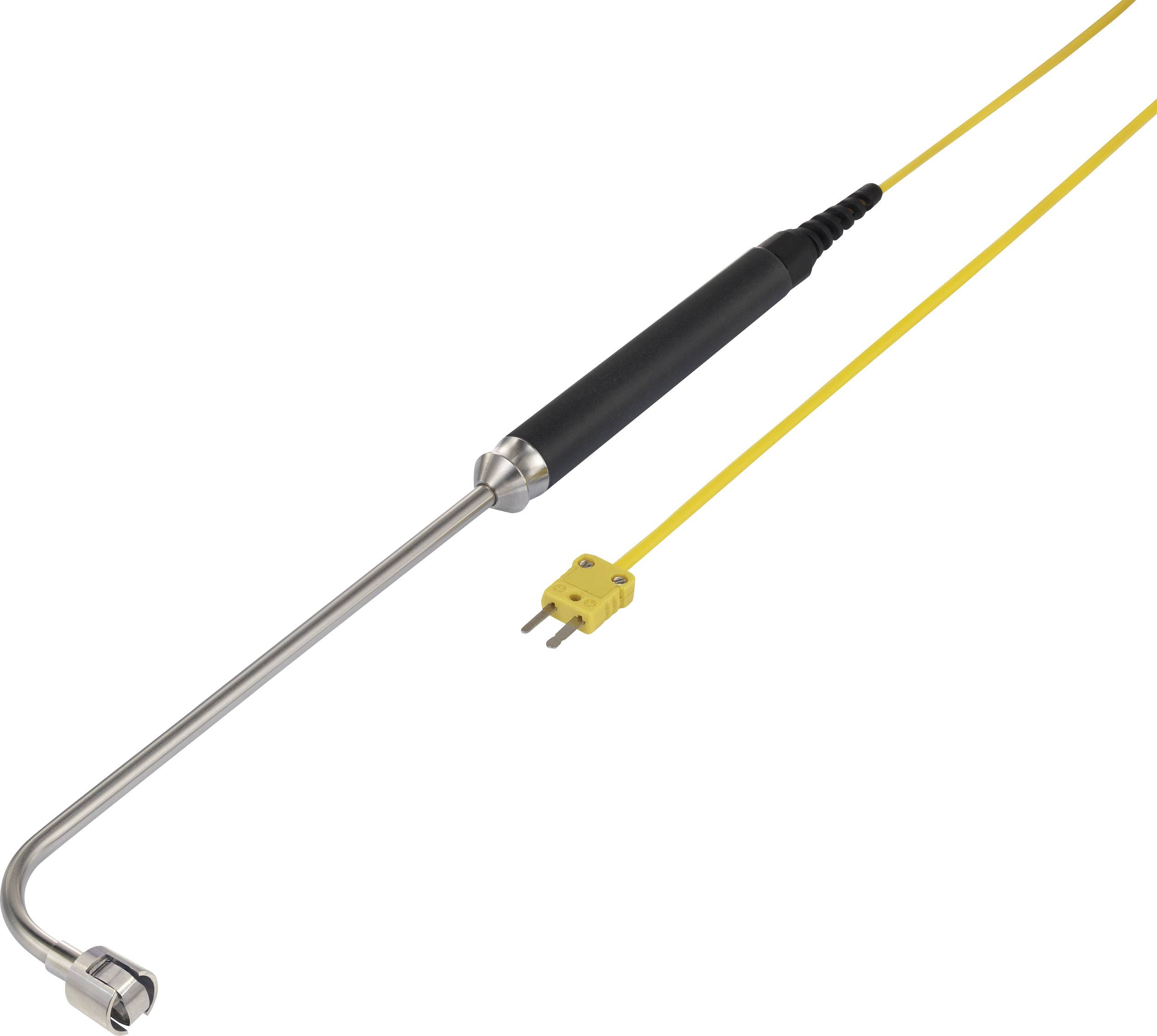 L'image montre une sonde de température avec une longue tige en acier inoxydable et un câble jaune pour connecter des thermocouples.