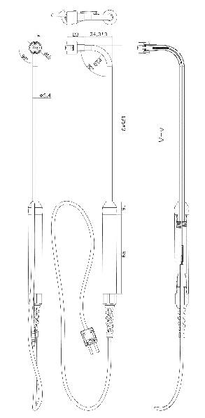 Dessin technique d'un câble avec fiche, dimensions et coupe transversale. Détails de la longueur, du diamètre et des composants individuels.