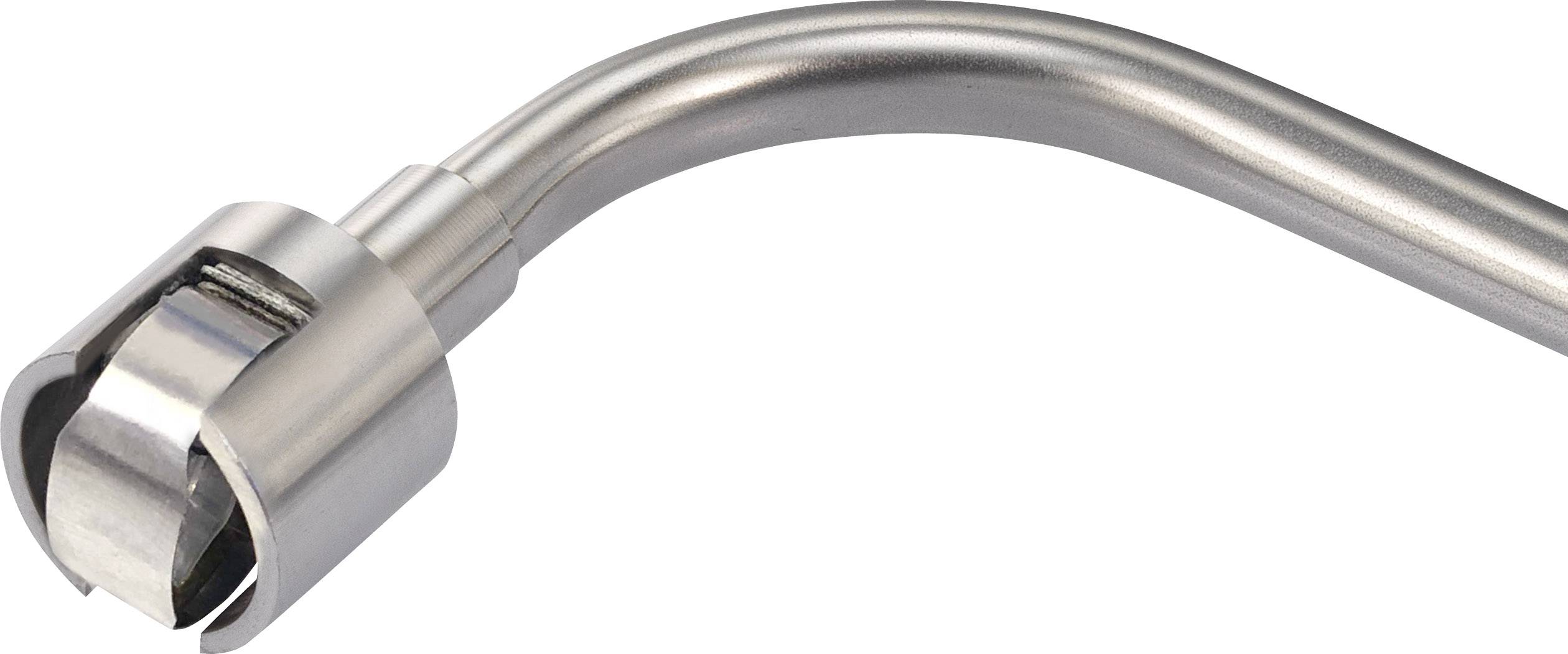 Robinet en argent avec bec incurvé, adapté aux aménagements de cuisine ou de salle de bain modernes.