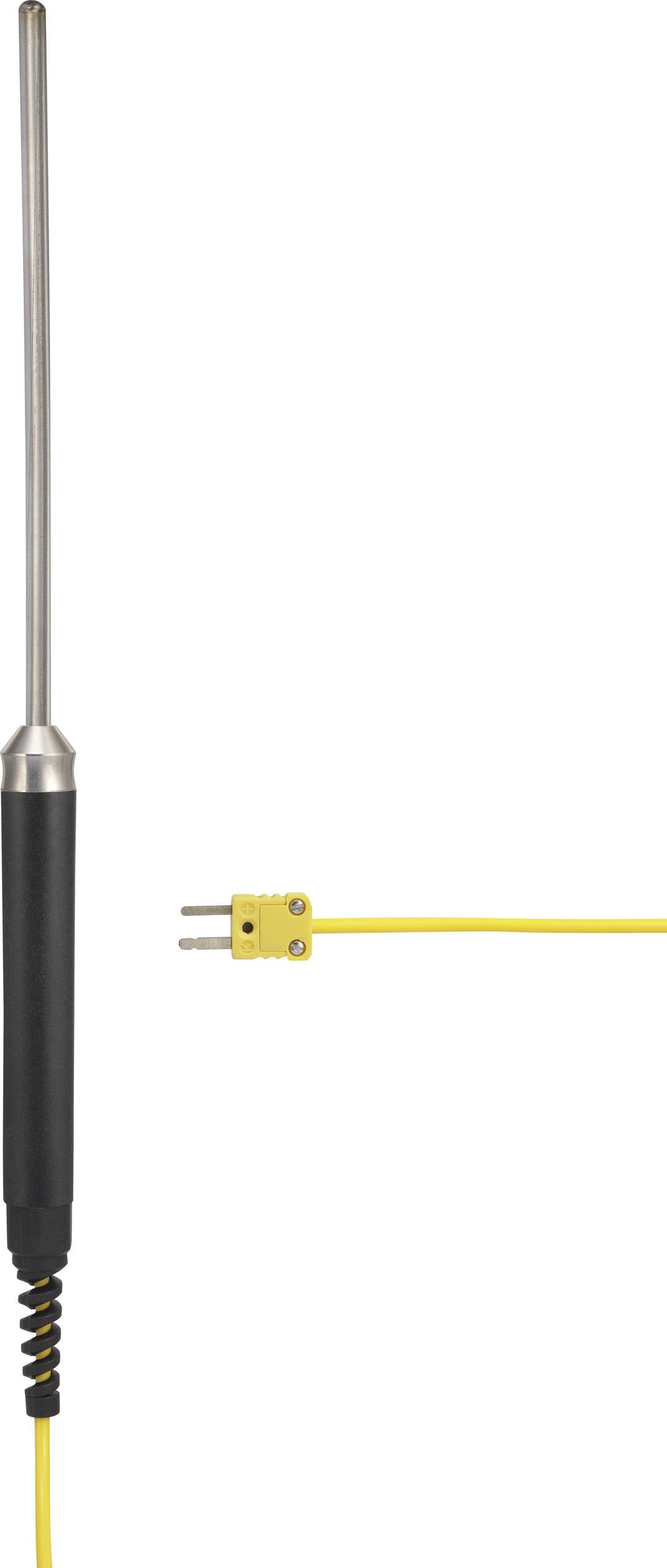 Capteur de température avec sonde métallique et câble jaune, adapté aux mesures de température précises dans les environnements de laboratoire et industriels.
