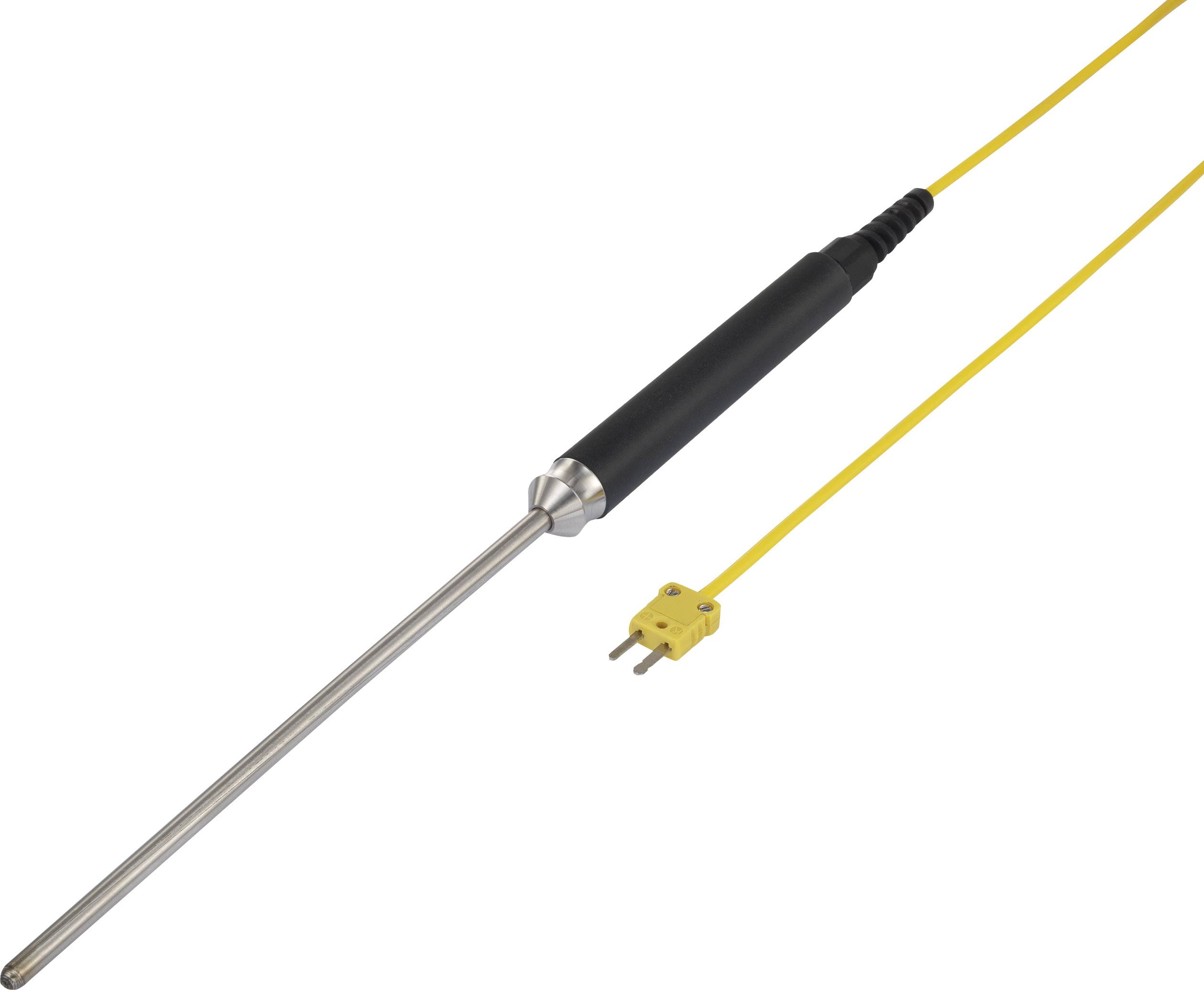 Un capteur de température long et mince avec un câble jaune et une fiche, adapté aux mesures précises dans diverses applications.