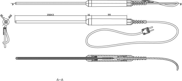 Dessin technique d'un instrument de mesure cylindrique avec câble et connexions enfichables. Présente des dimensions et des vues en coupe.