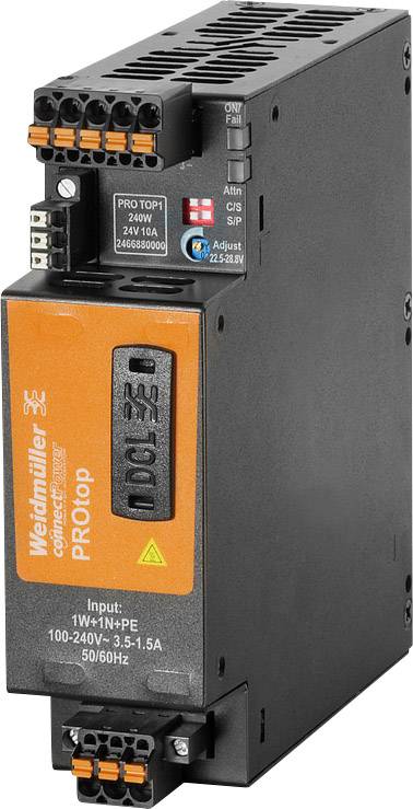 Unité d'alimentation électrique portant l'inscription 'Weidmüller PROtop', entrée 100-240V, sortie 24V, adaptée aux applications industrielles.