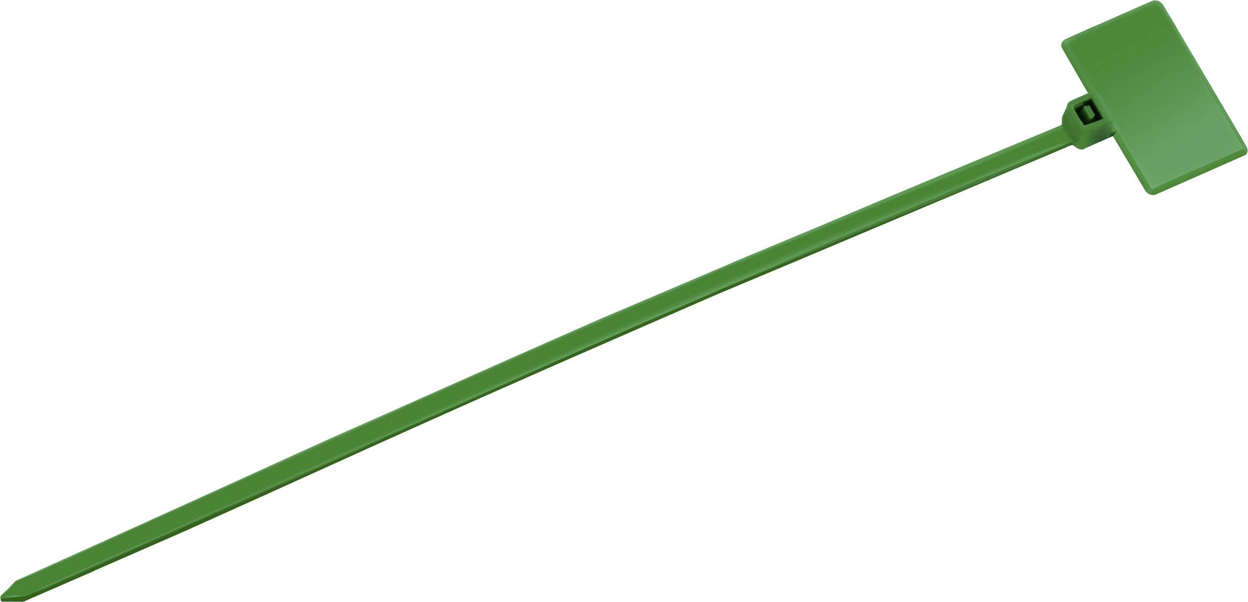 Attache-câble en plastique vert avec une partie de fermeture rectangulaire, couramment utilisé pour regrouper ou marquer des objets de manière sécurisée.
