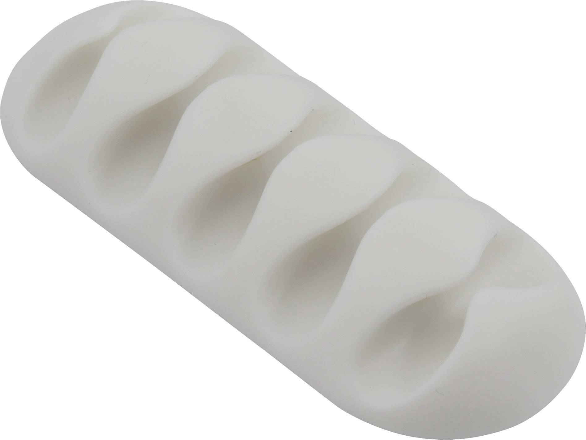 Un support de câbles en silicone blanc, ondulé, avec cinq emplacements pour organiser et sécuriser les câbles sur un bureau.
