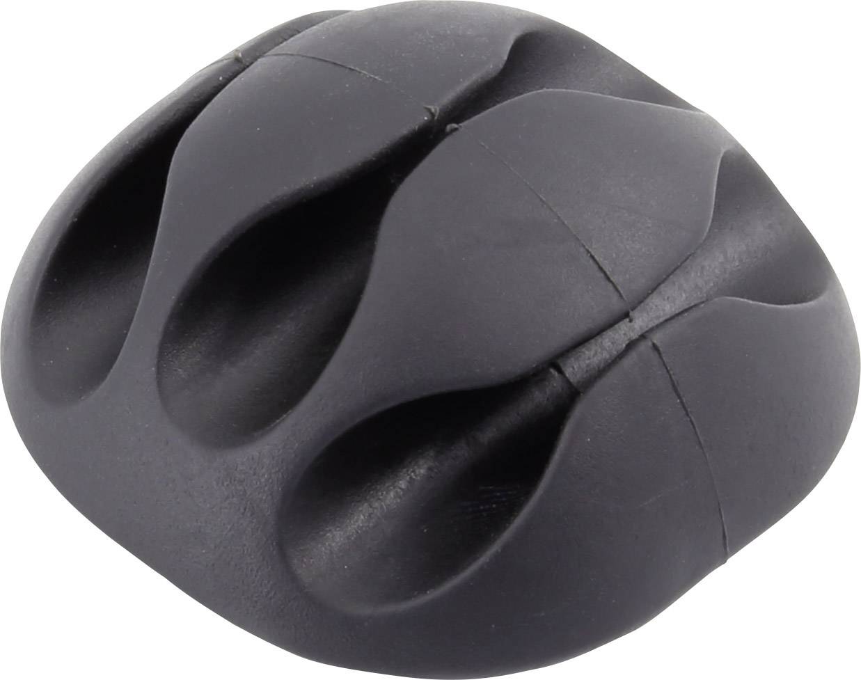 Un support de câbles noir avec quatre emplacements pour organiser les câbles sur un bureau.
