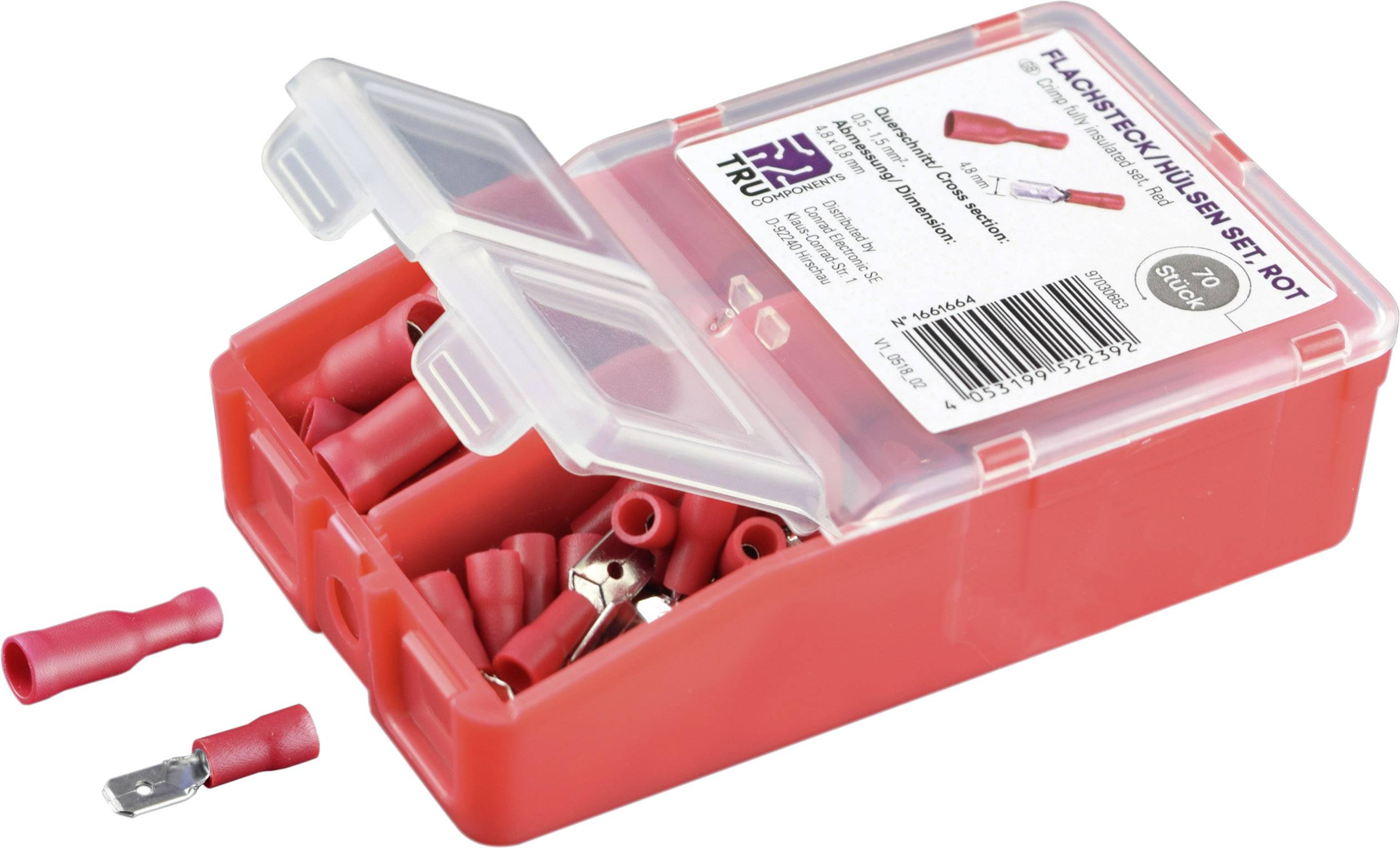 Boîte en plastique rouge avec couvercle transparent, contenant des cosses plates à fiche rouge et des connecteurs. Étiquette avec informations techniques et code-barres.