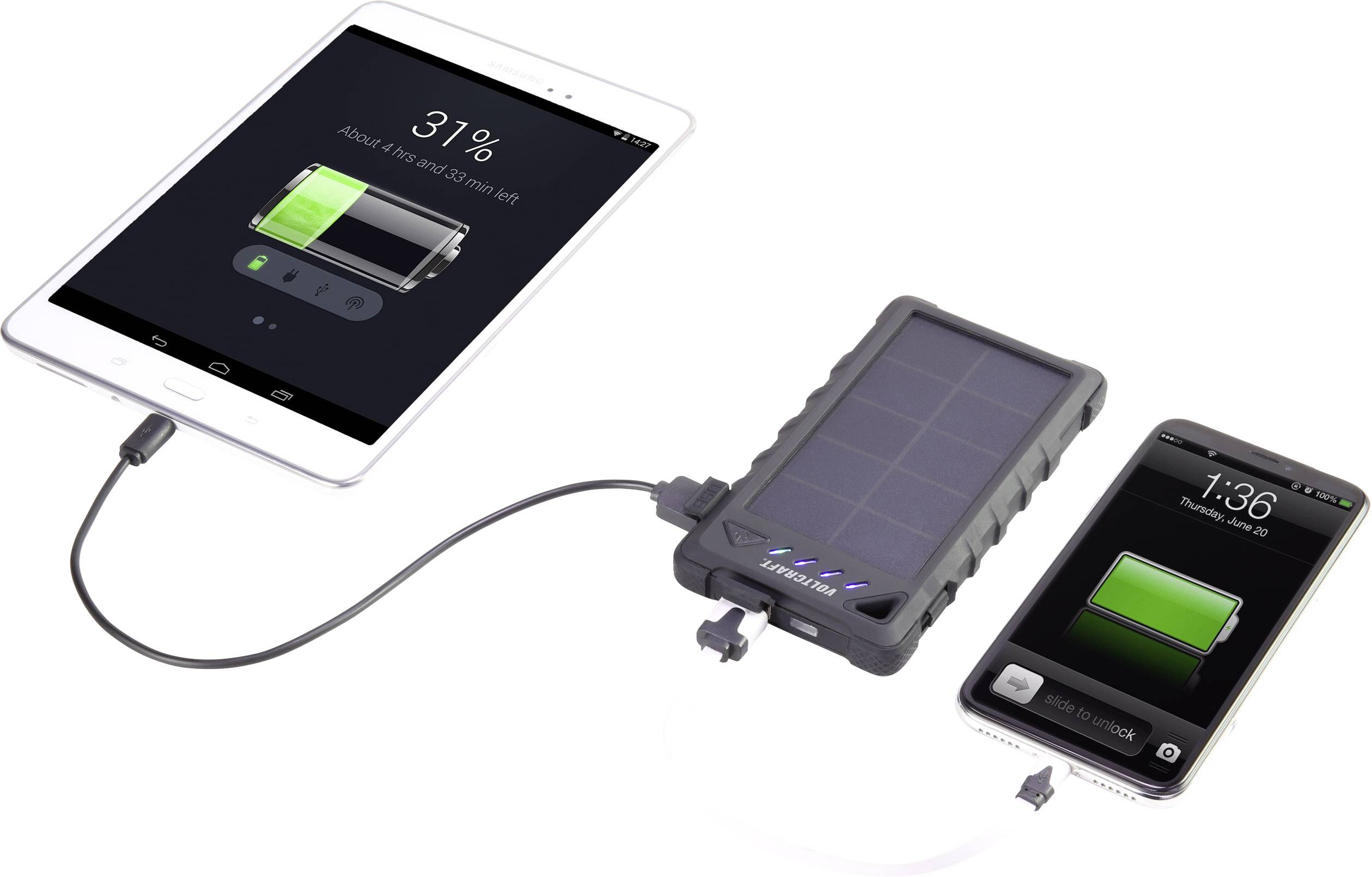 Un chargeur solaire charge simultanément une tablette et un smartphone. L'écran de la tablette affiche 31 % d'autonomie de batterie.