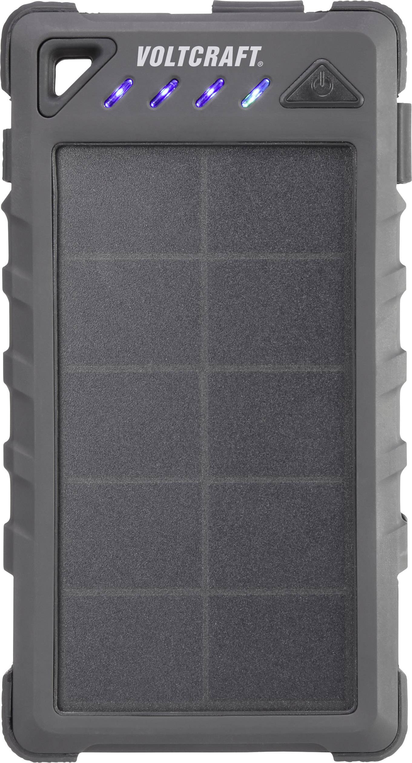 Une batterie externe portable et robuste de Voltcraft avec panneau solaire et quatre voyants LED bleus sur le dessus.