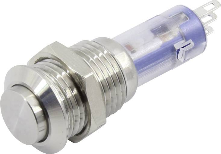 Un bouton-poussoir métallique avec un boîtier en plastique transparent et des broches de connexion électrique.