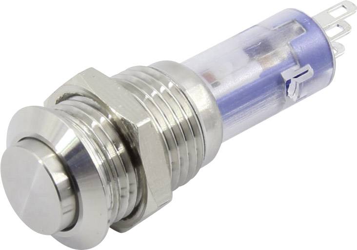 Un interrupteur métallique rond avec un boîtier en plastique bleu, montrant des contacts électroniques, probablement un interrupteur à bouton-poussoir.