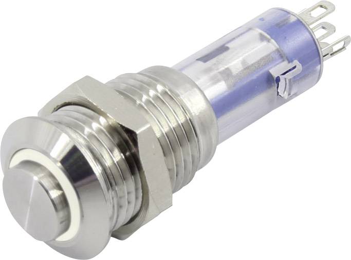 Un bouton-poussoir LED argenté avec un boîtier bleu et trois broches de connexion, adapté aux circuits électriques et aux systèmes de commande.