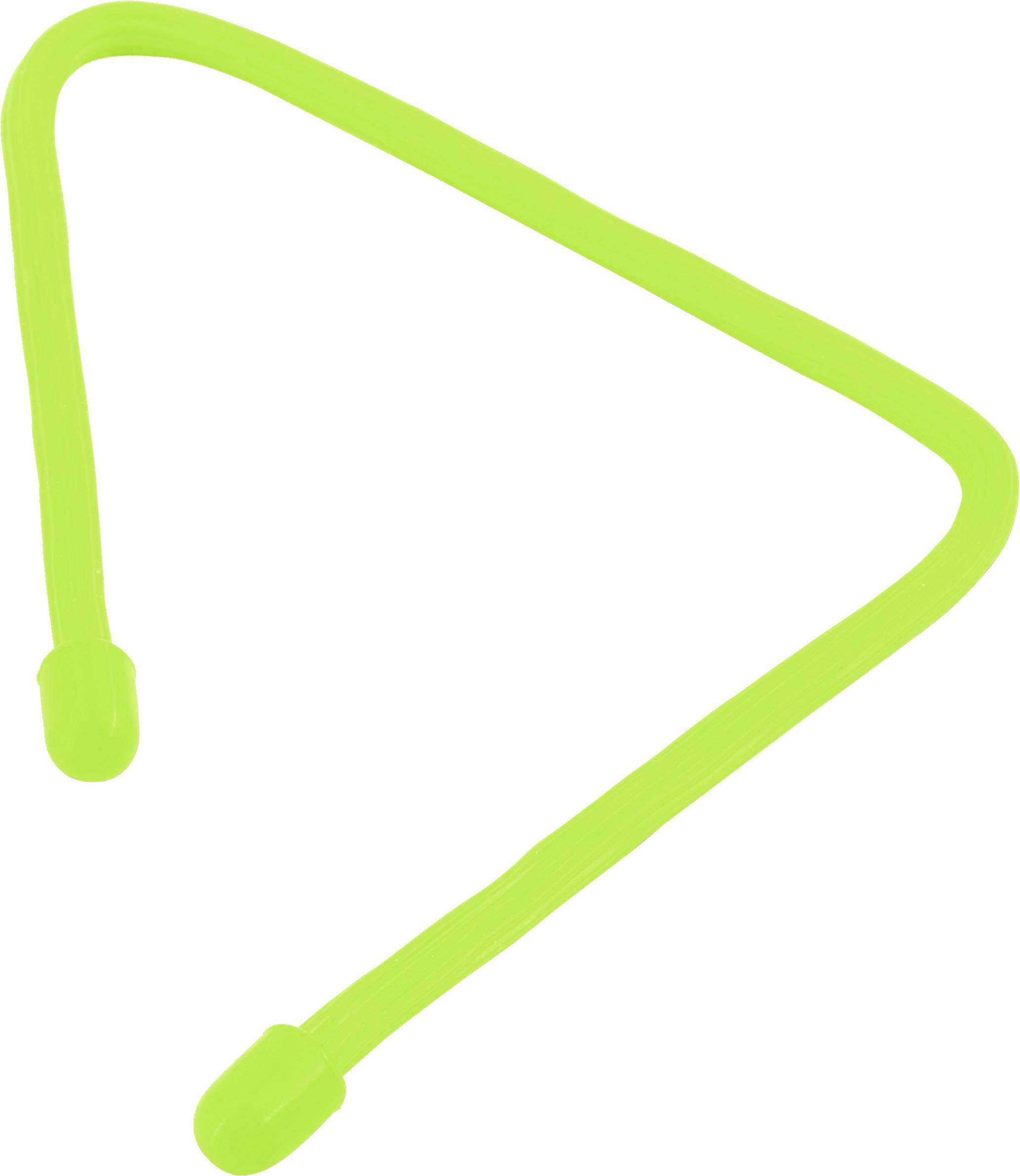 Un triangle en silicone néon-vert flexible, aux extrémités arrondies, sert d'outil de support ou de fermeture.