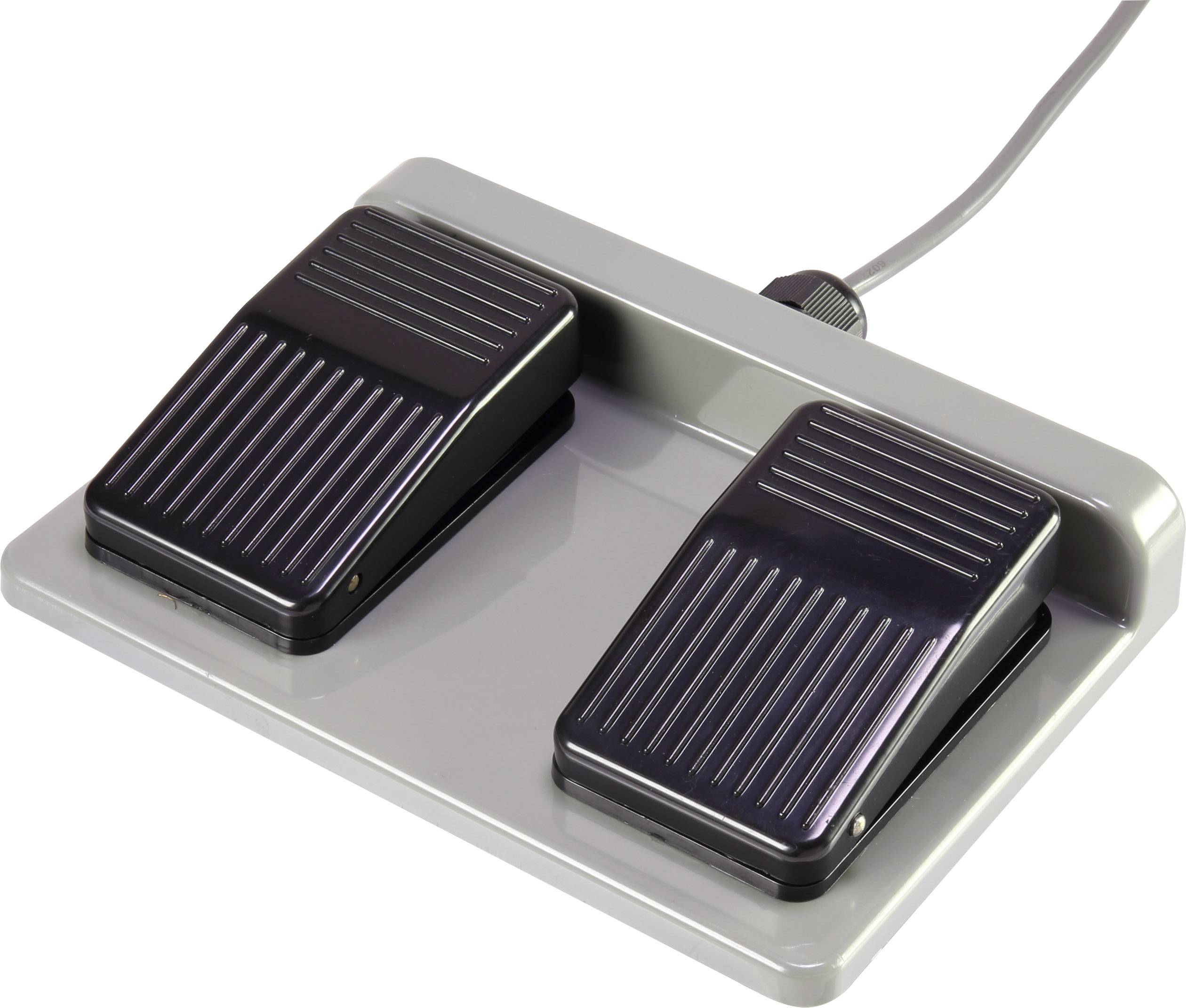 Un appareil à pédale pour les pieds avec deux pédales noires striées sur une base grise, reliées par un câble.