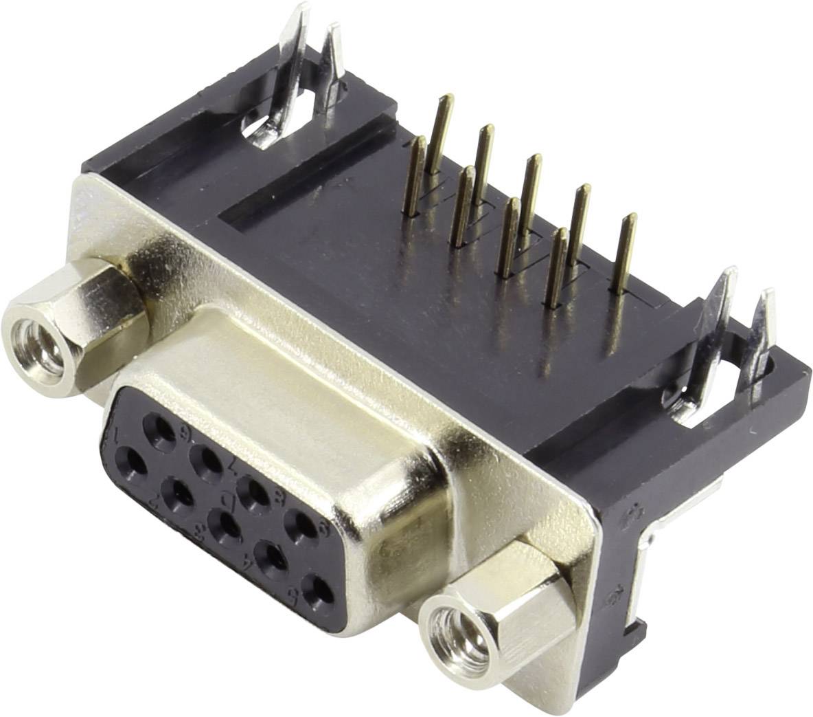 Une prise VGA avec neuf broches métalliques et un boîtier en plastique noir ; utilisée pour connecter des moniteurs ou des projecteurs à un ordinateur.