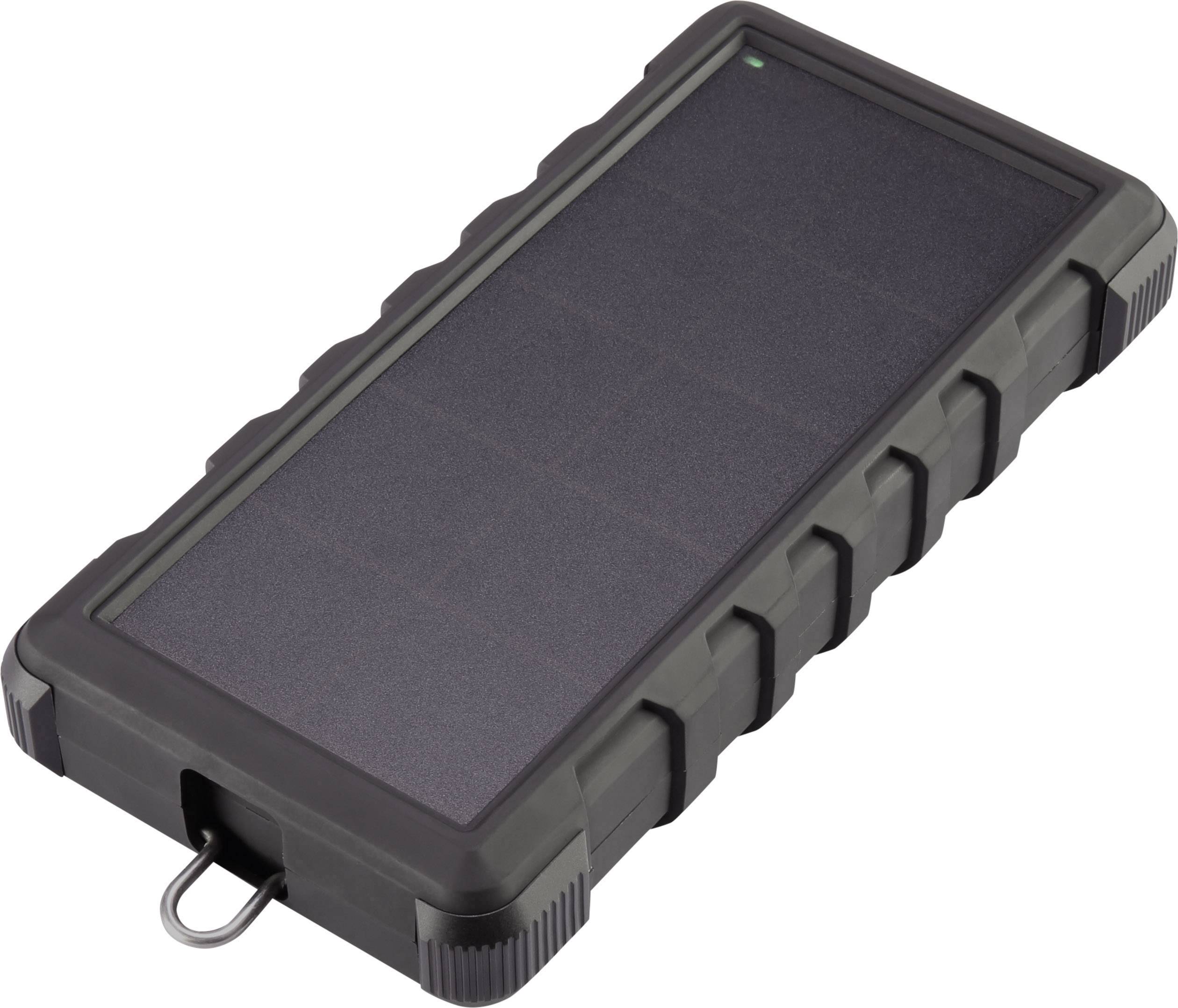 Chargeur solaire portable de forme rectangulaire avec boîtier robuste, adapté aux activités de plein air. Dispose d'un anneau de suspension.