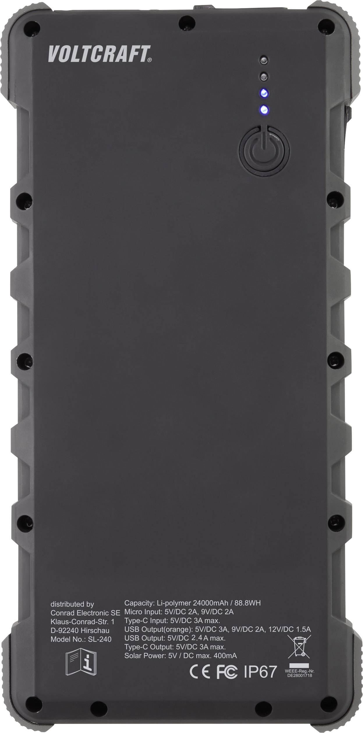 Une batterie externe noire Voltcraft de 24000mAh avec protection IP67. Un bouton marche/arrêt avec voyant LED est situé en haut à droite.