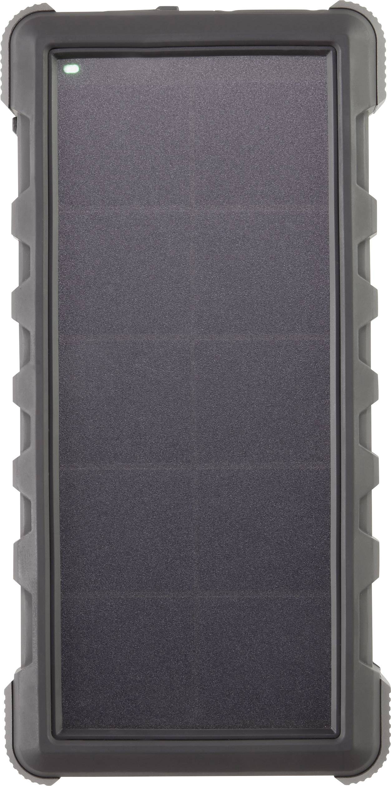 Une batterie externe solaire noire, robuste, avec un bord texturé et un indicateur de charge vert en haut à gauche. Idéale pour les activités de plein air.