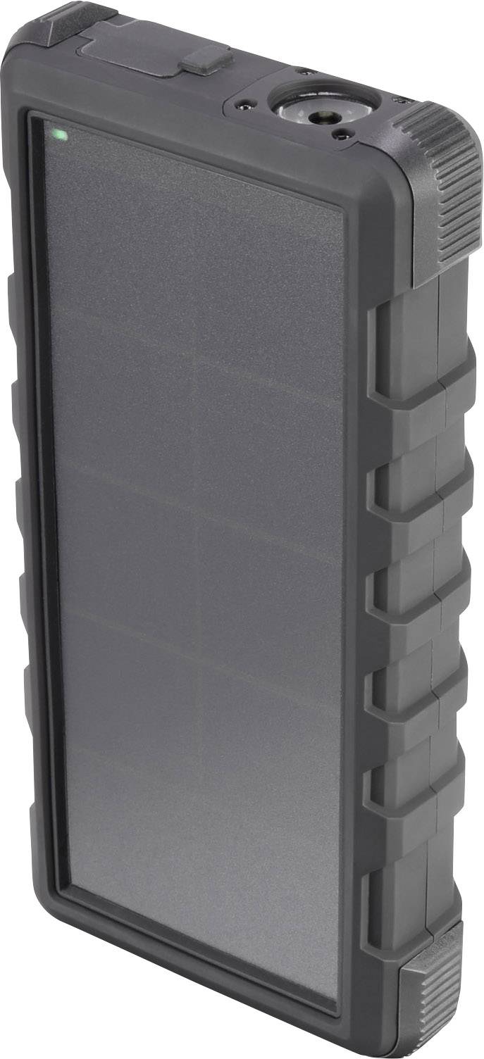 Une batterie externe noire robuste avec surface solaire et port USB sur le dessus, adaptée aux activités de plein air.
