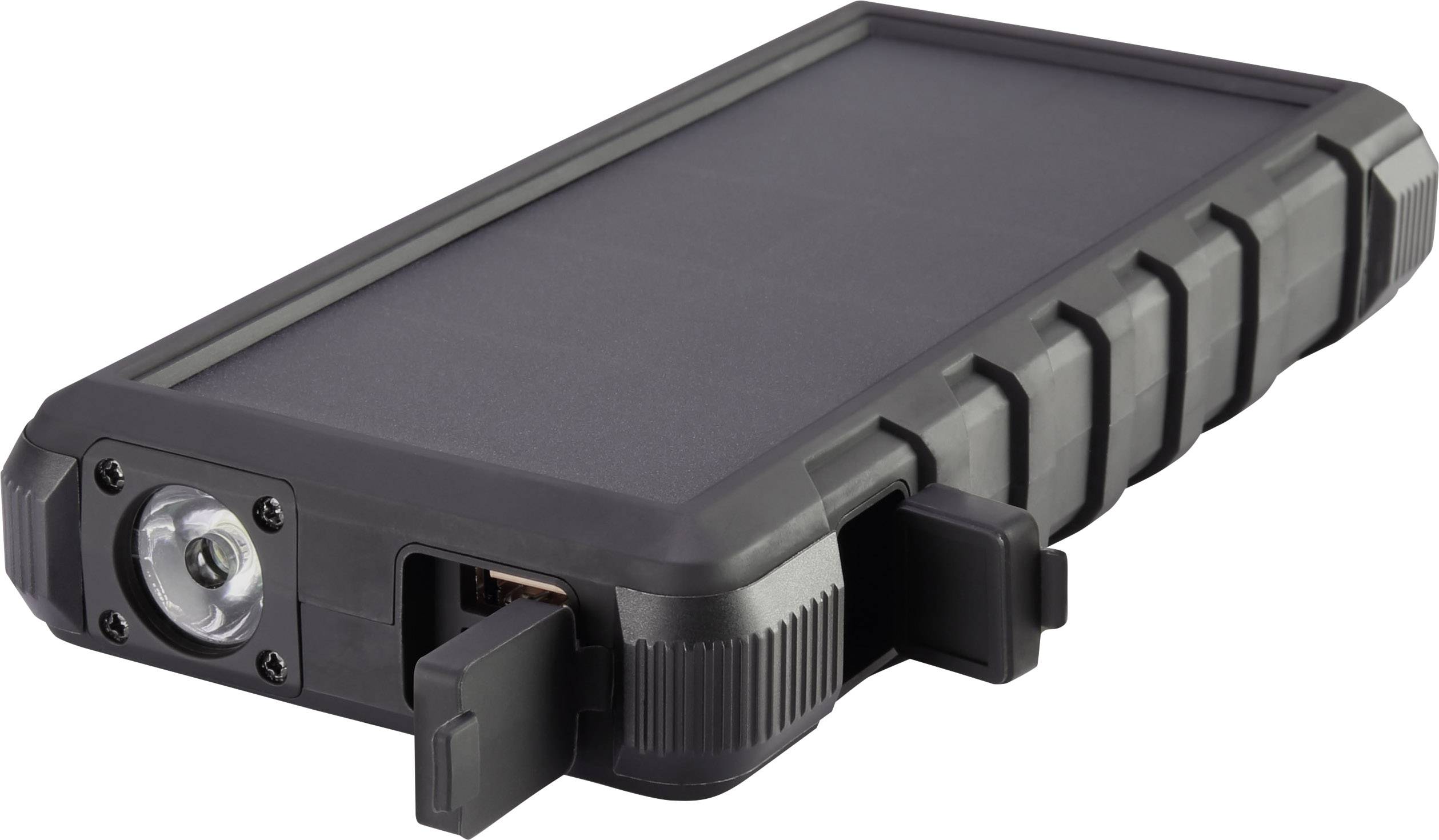 Une batterie externe noire, robuste, avec lampe torche intégrée et deux ports USB couverts sur le côté.