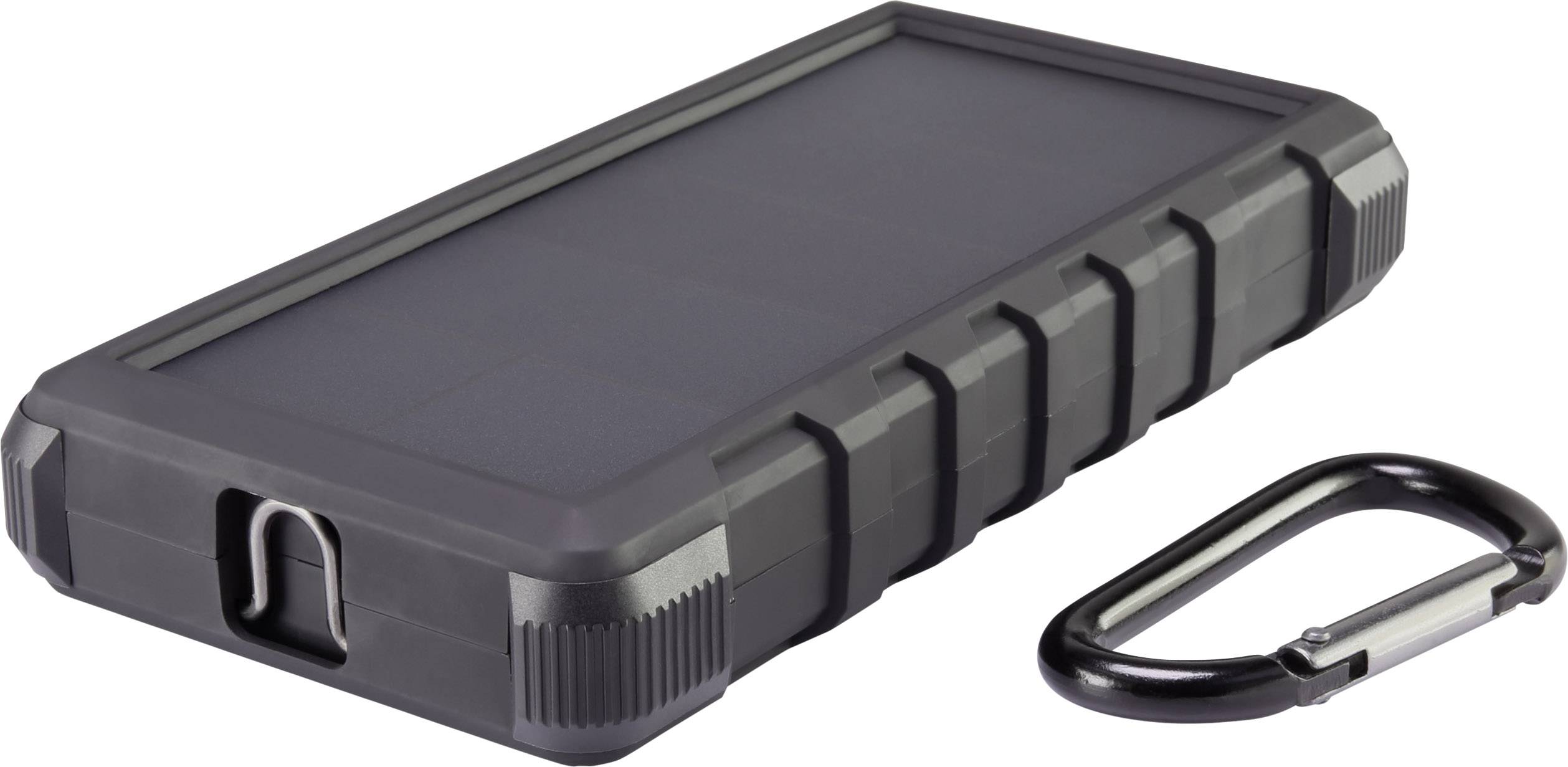Chargeur solaire de forme rectangulaire avec un boîtier robuste, à côté duquel se trouve un mousqueton.