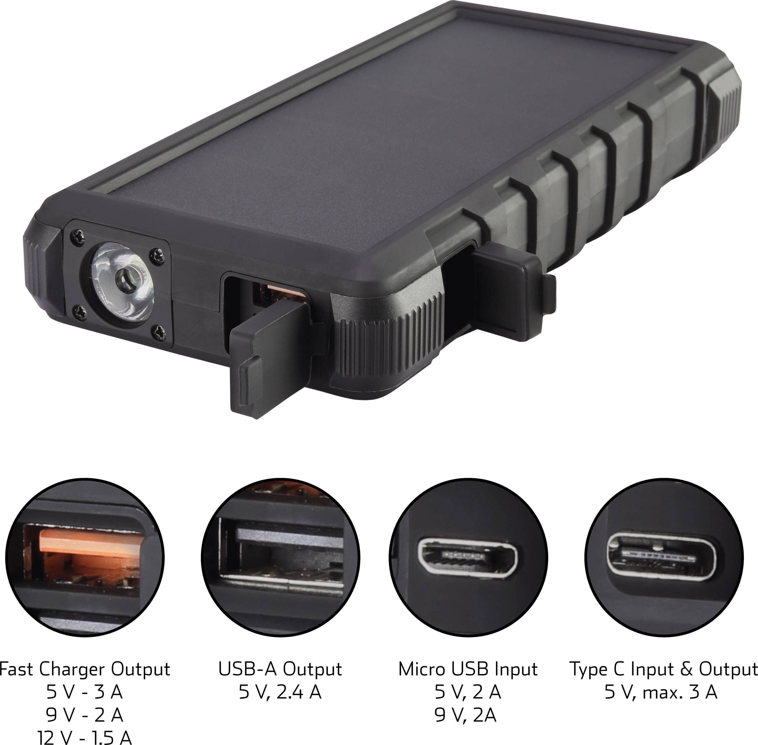 Chargeur portable noir à construction robuste ; présente les connexions suivantes : sortie de charge rapide, USB-A, entrée Micro-USB, sortie de type C.