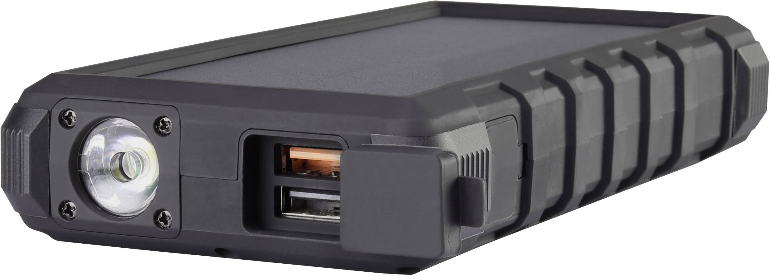 Powerbank noir au design robuste, avec éclairage LED et deux ports USB, idéale pour les activités de plein air.
