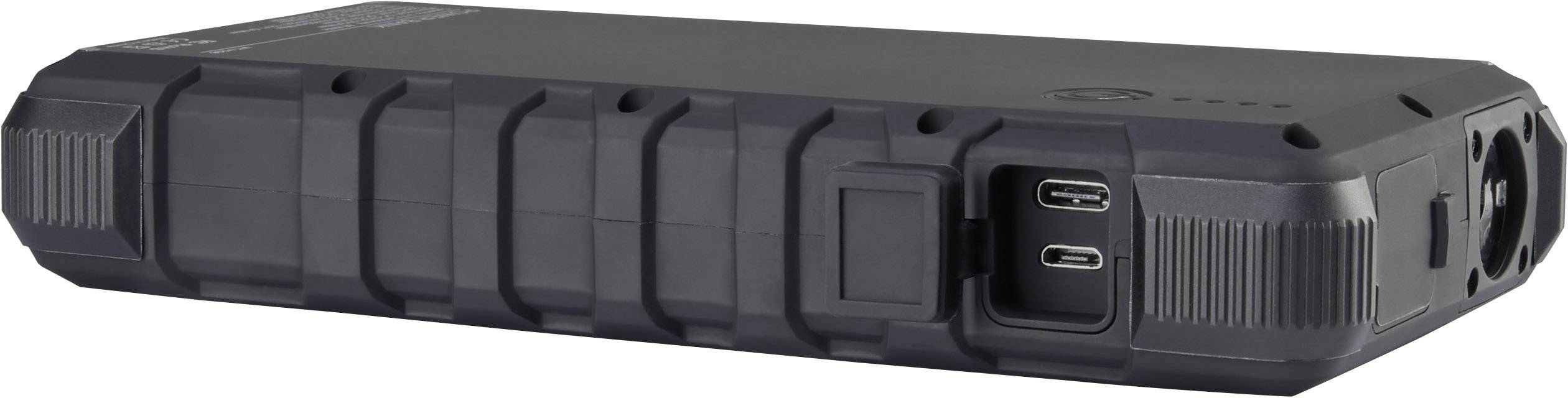 Batterie externe noire portable avec un design robuste, deux ports USB et des poignées latérales, adaptée aux activités de plein air.