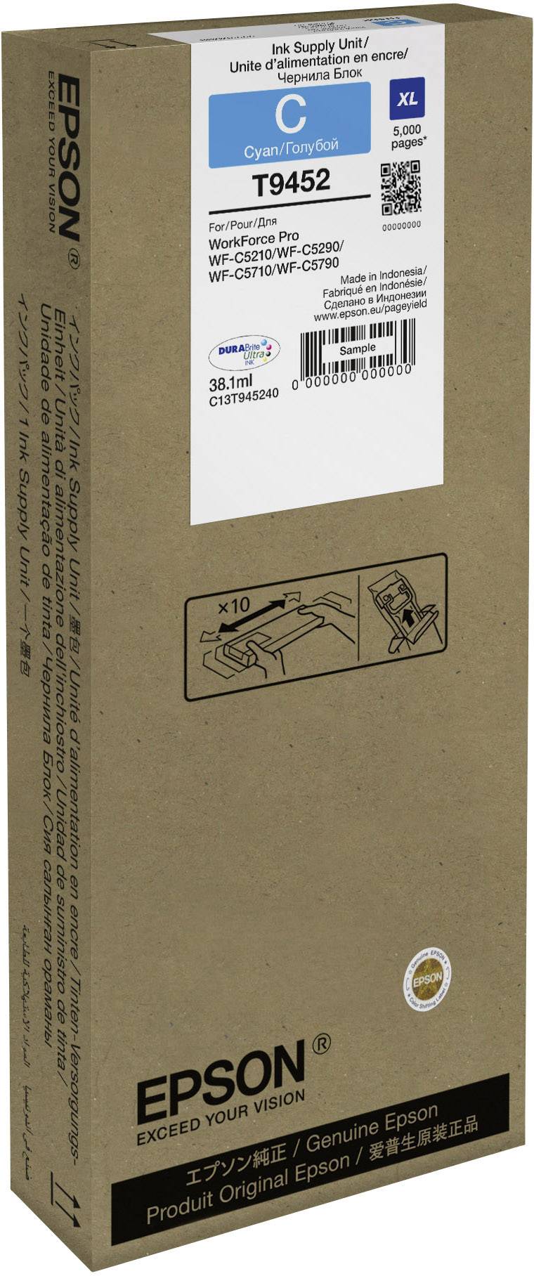 Cartouche d'encre Epson T9452 cyan, 5 000 pages, compatible avec Workforce Pro WF-C5290/WF-C5790. L'emballage présente une image de la cartouche.