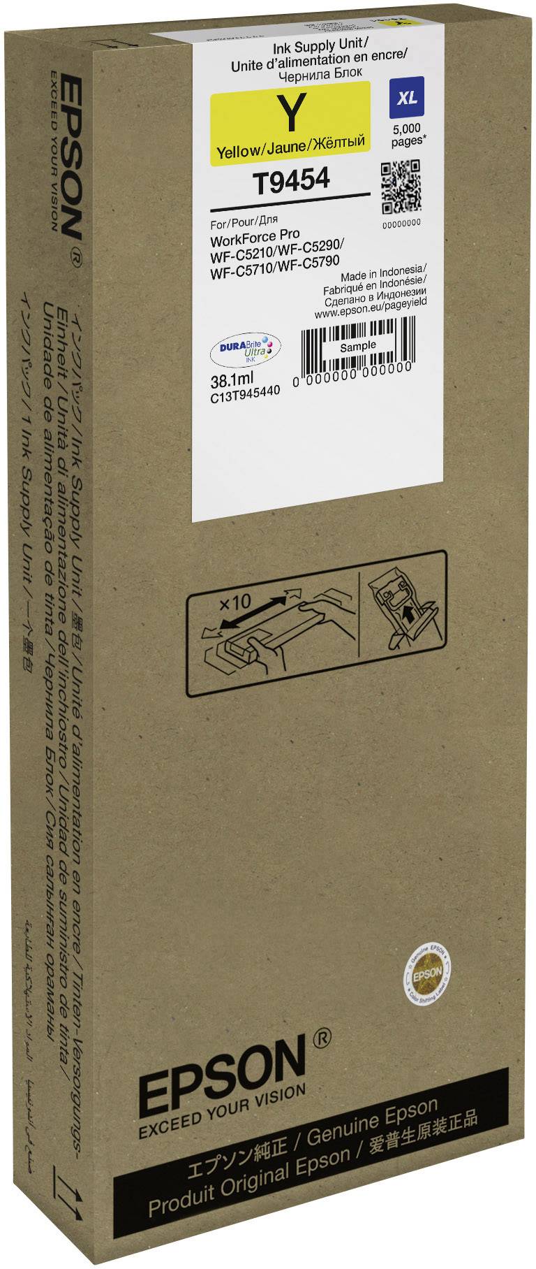 Cartouche d'encre pour imprimante jet d'encre Epson, jaune, modèle T9454, haute capacité jusqu'à 5 000 pages. Compatible avec la série Workforce Pro C. L'emballage comprend un guide d'installation.