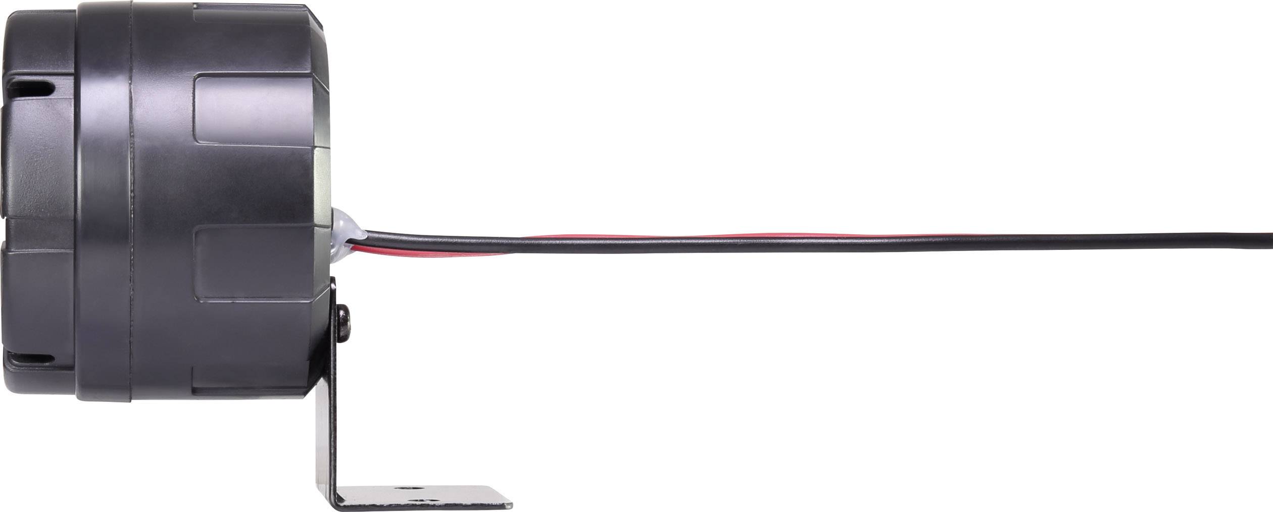 Un appareil électrique noir avec deux câbles, l'un rouge et l'autre noir, sortant du côté. Support de fixation en bas.