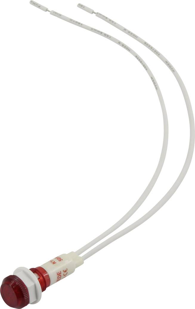 Voyant de contrôle LED rouge avec deux câbles de connexion blancs pour circuits électriques.