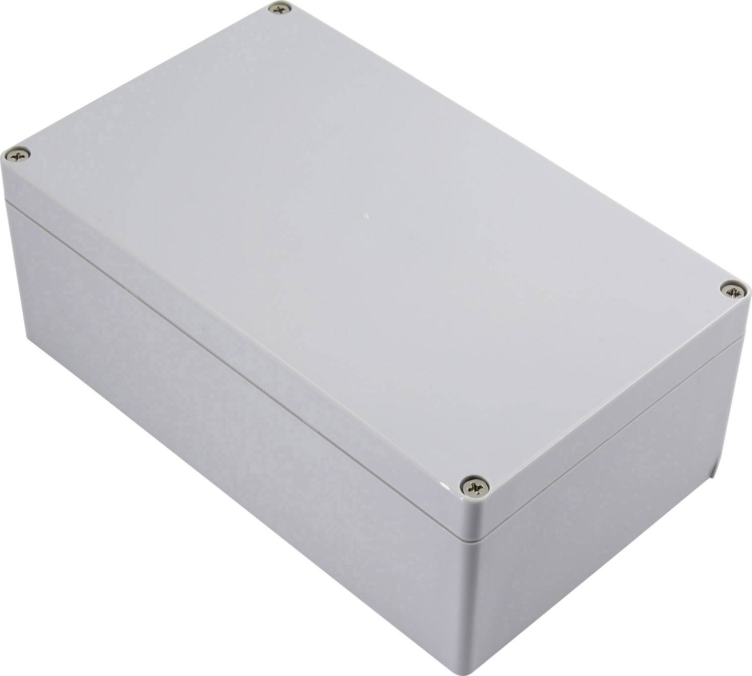 Boîtier électronique gris, rectangulaire, avec un couvercle plat, des vis aux angles.