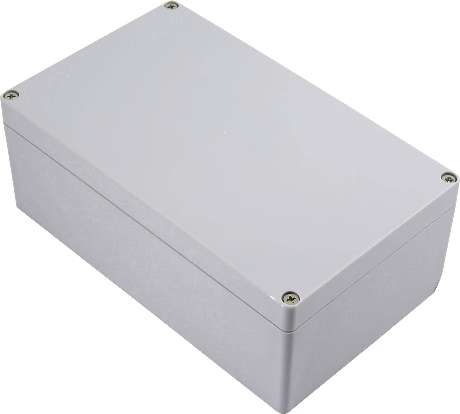 Boîtier rectangulaire gris avec quatre vis aux coins, sur un fond blanc. Il est souvent utilisé pour les appareils électroniques.