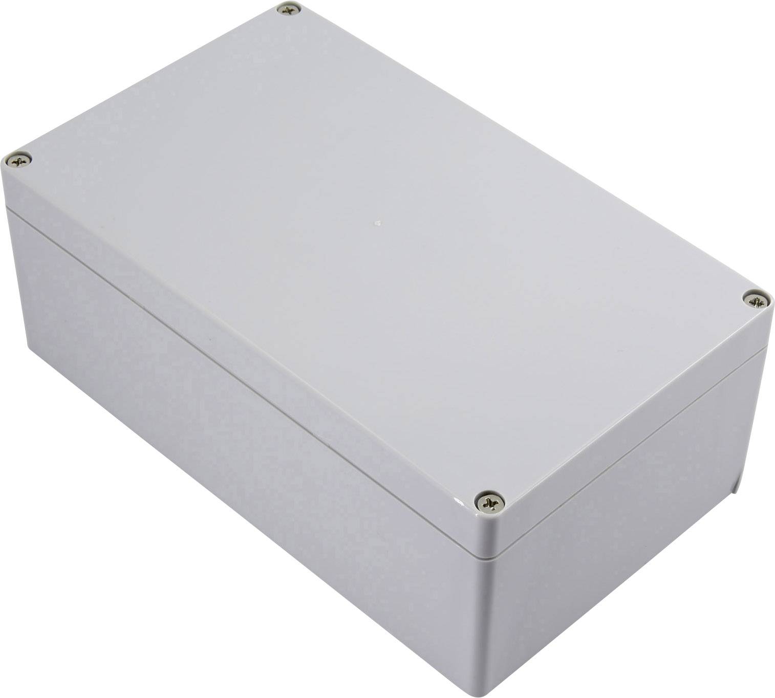 Boîtier rectangulaire gris, probablement en plastique, muni de quatre vis aux angles pour la fixation du couvercle.
