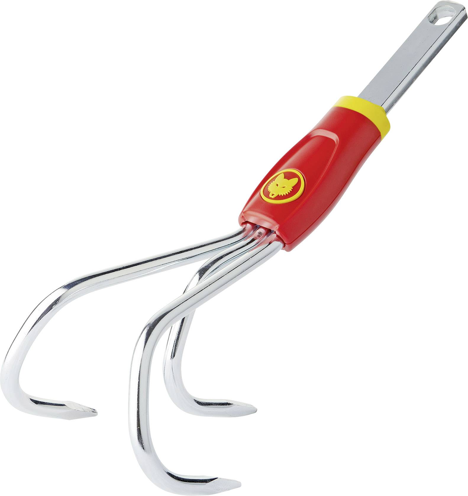 Une serfouette avec trois dents métalliques recourbées et une poignée rouge. Adaptée aux travaux de jardinage comme l'ameublissement de la terre.