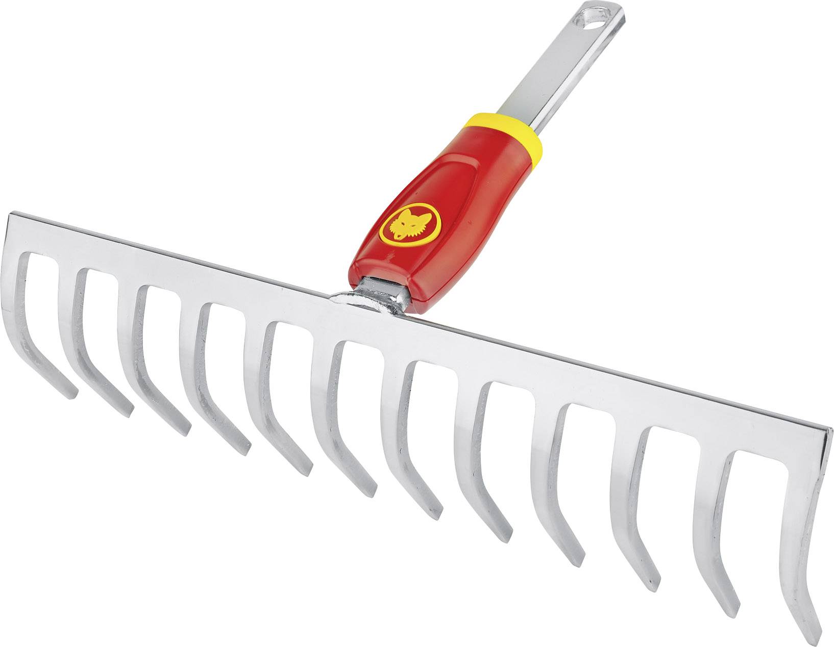 Râteau à poignée rouge et accent jaune, en métal robuste avec plusieurs dents, adapté aux travaux de jardinage.