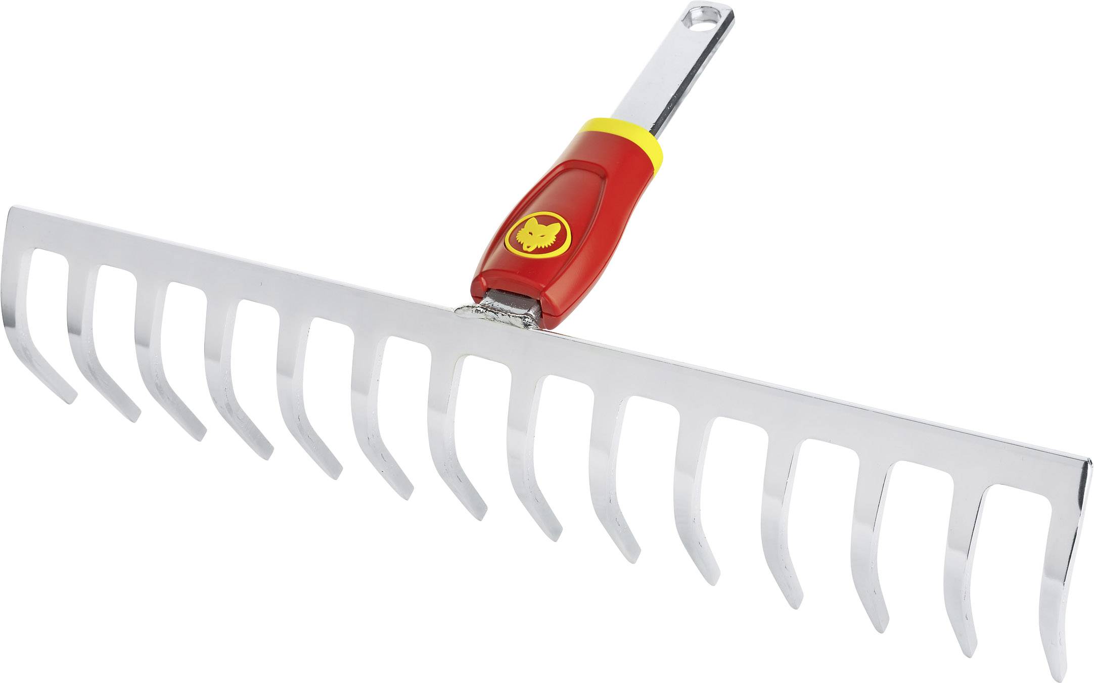 Râteau de jardin avec manche rouge et logo jaune, adapté pour ratisser les feuilles ou la terre.