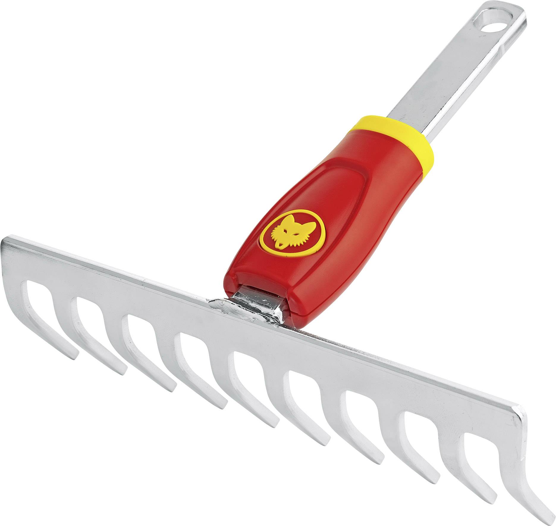 Râteau métallique avec manche rouge et autocollant jaune représentant une tête de loup.