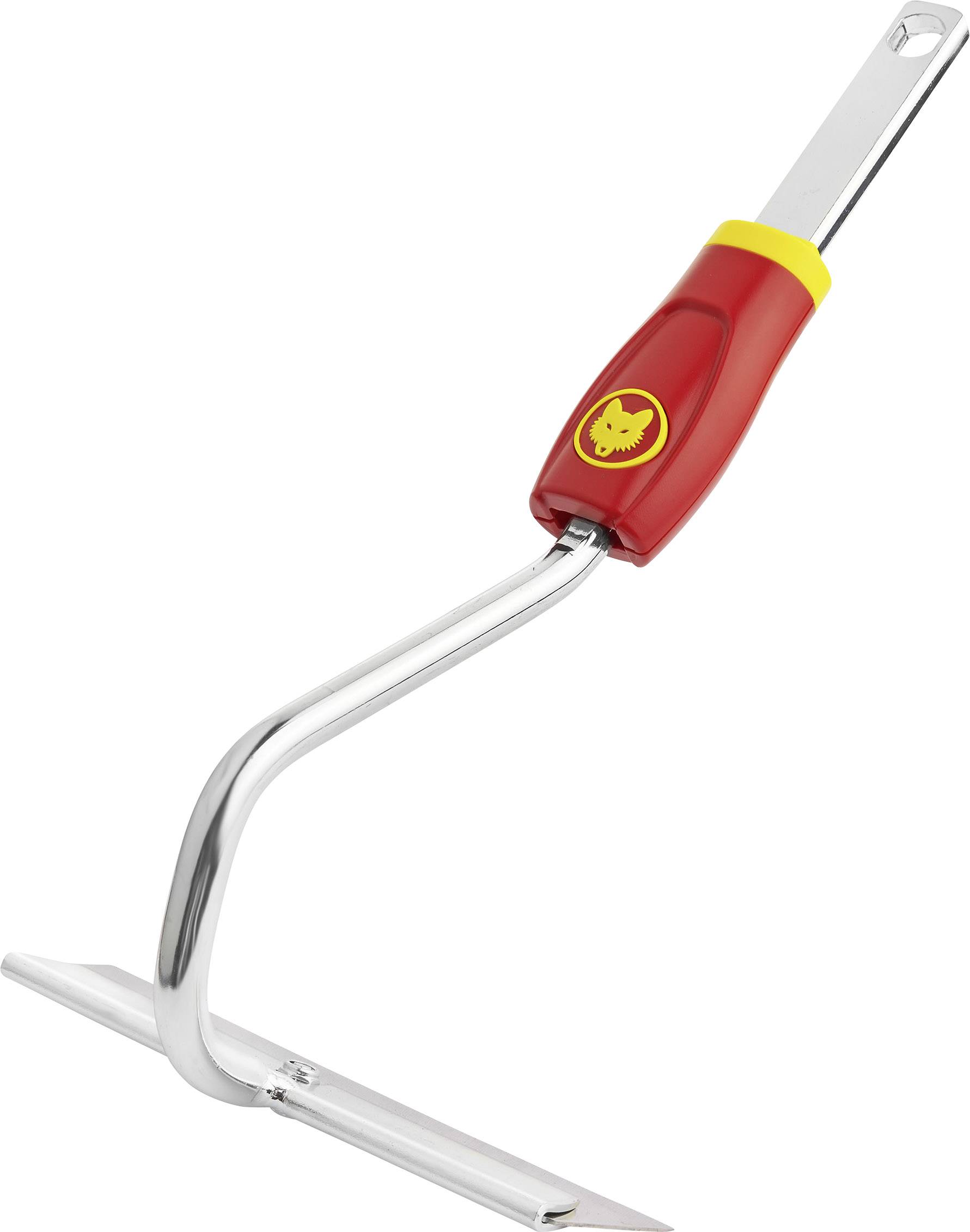 Une houe désherbante rouge avec manche en métal et logo jaune, adaptée à l'entretien du jardin.