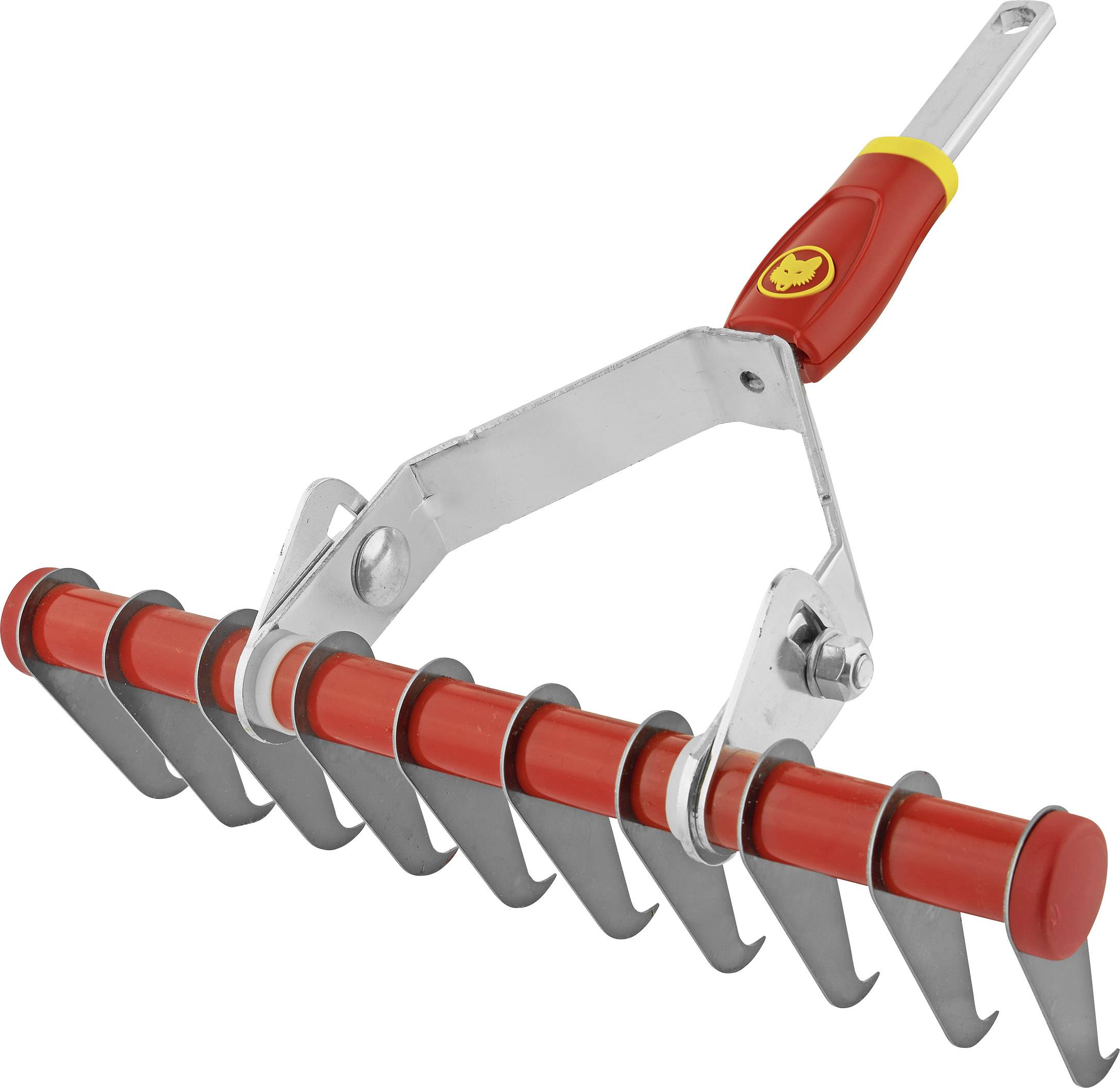Un outil de jardin rouge avec plusieurs dents métalliques pour aérer le sol. Il dispose d'un manche adaptable et peut être fixé sur un manche.