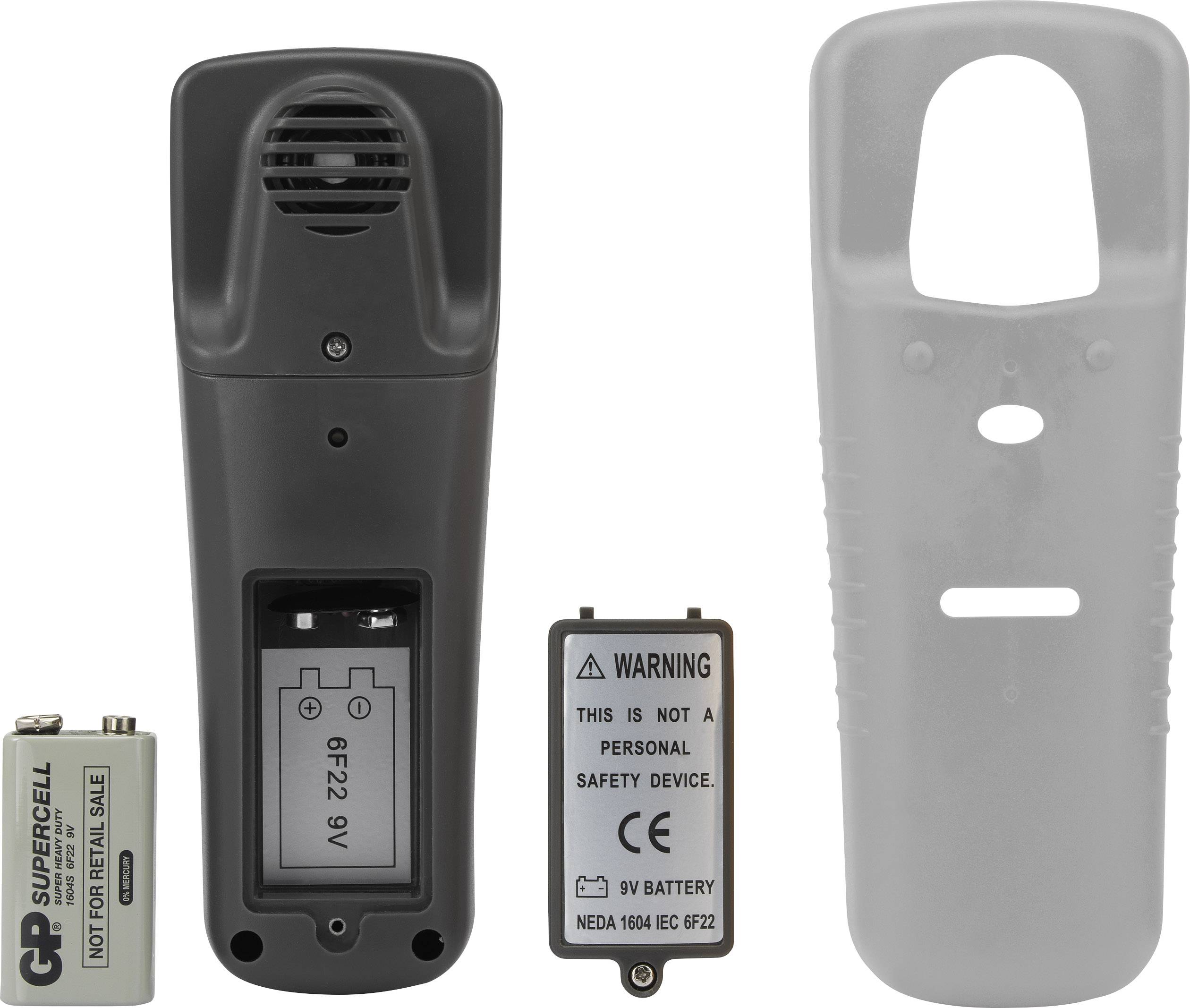 Un appareil électrique noir avec un couvercle arrière amovible et un compartiment à piles, à côté duquel se trouve une pile 9V et un étui gris.