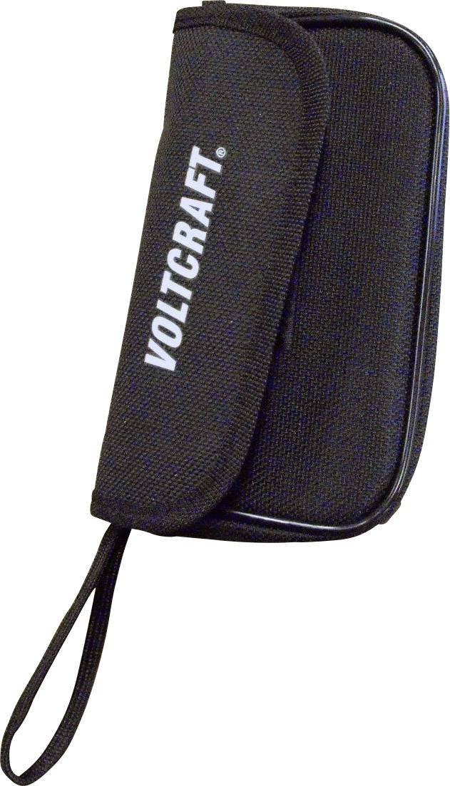 Un sac noir portable avec fermeture éclair et inscription 'VOLTCRAFT', adapté pour ranger des outils ou des appareils.