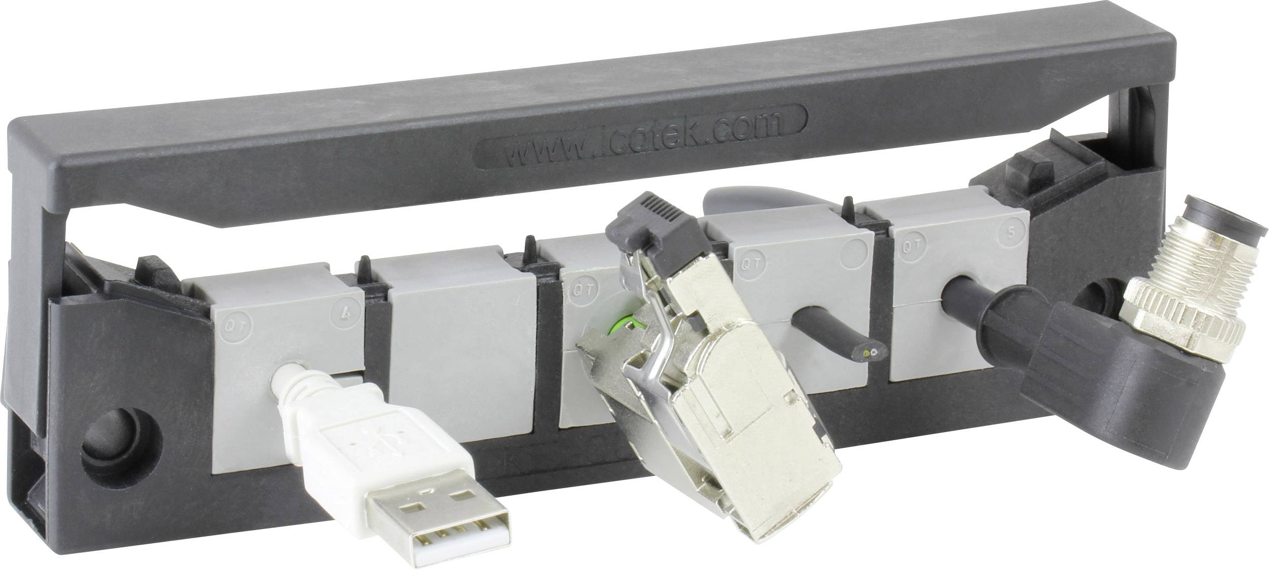 Un cadre de montage avec différentes connexions : USB, HDMI, RJ45 et une prise circulaire. Destiné au câblage structuré.