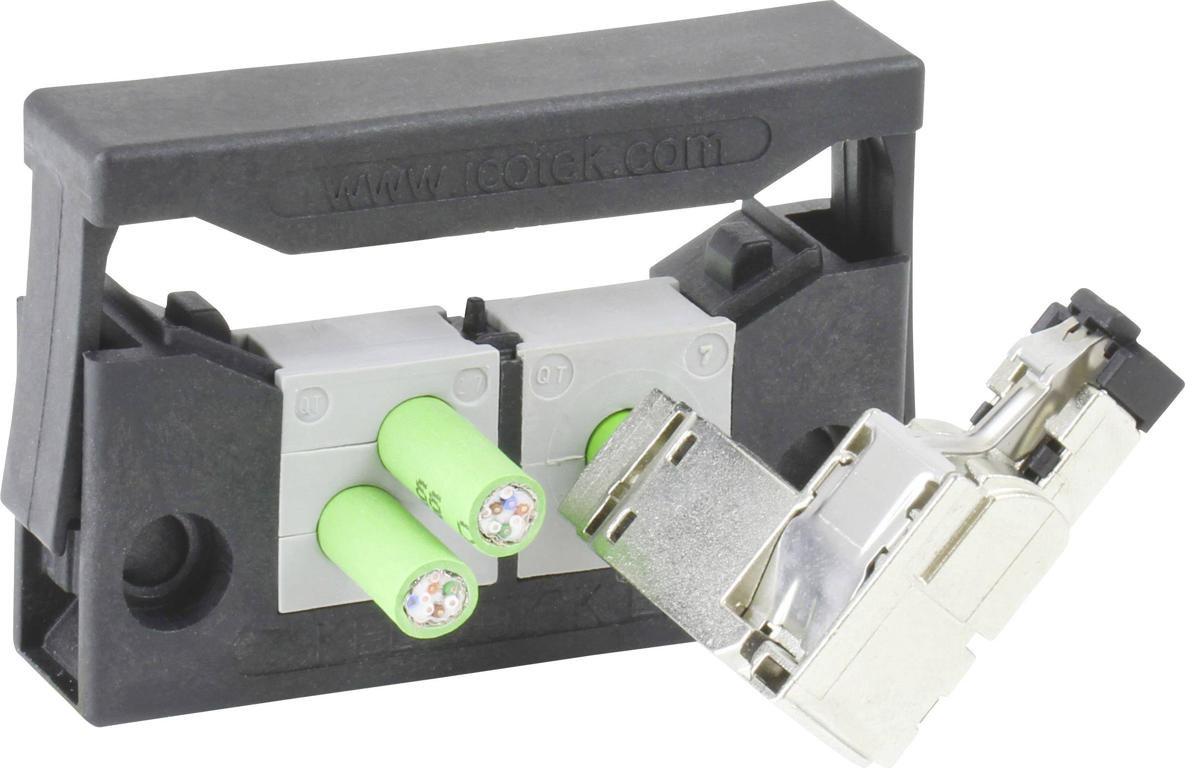 Un module duplex LC optique avec deux câbles à fibre optique verts et un connecteur métallique, utilisé pour la transmission de données dans les réseaux.