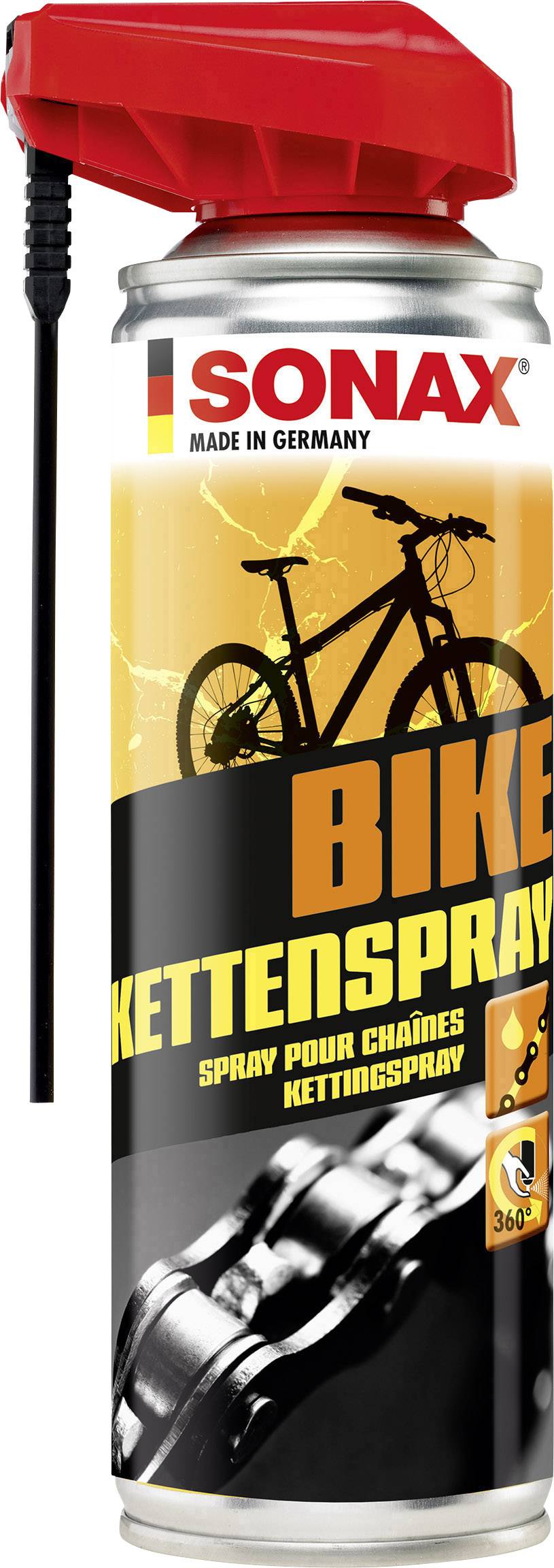 Bombe de spray de chaîne de vélo avec tête de pulvérisation rouge ; l'étiquette montre un vélo et une chaîne ; nom de marque 'Sonax' en haut.