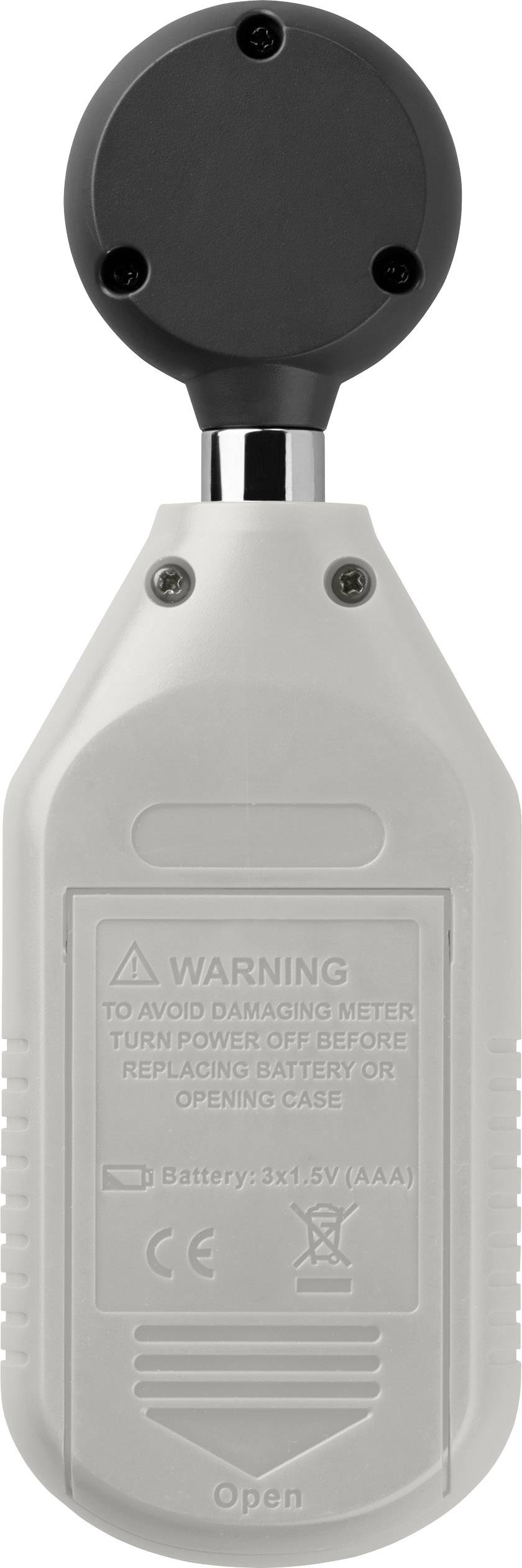 Un appareil portable lumineux avec une tête de capteur sombre. L'arrière présente un avertissement concernant la prudence lors du changement de batterie. Marquage CE visible.