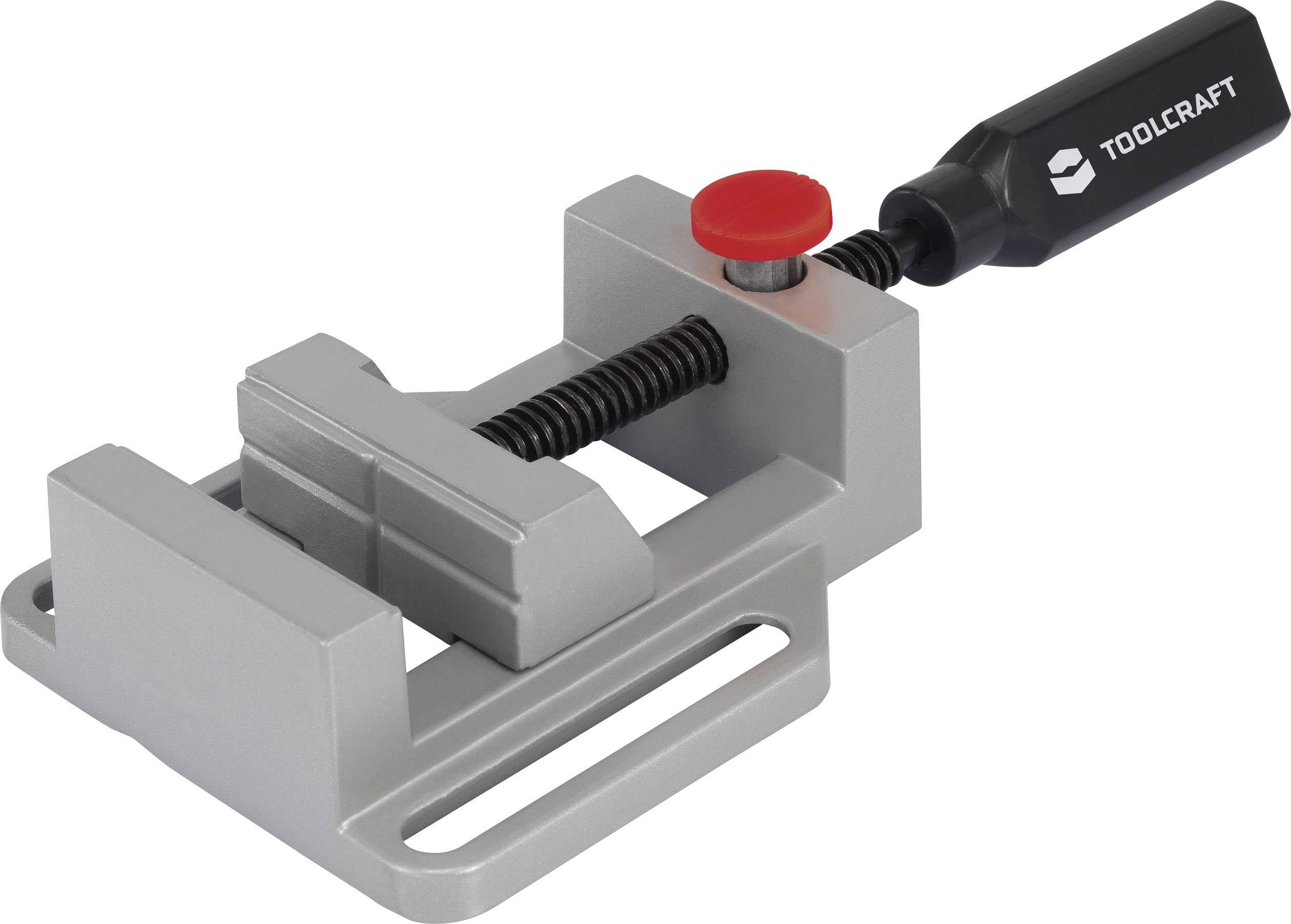 Un étau avec une poignée noire et un bouton-poussoir rouge sur un corps en métal gris, adapté pour maintenir des pièces de travail.