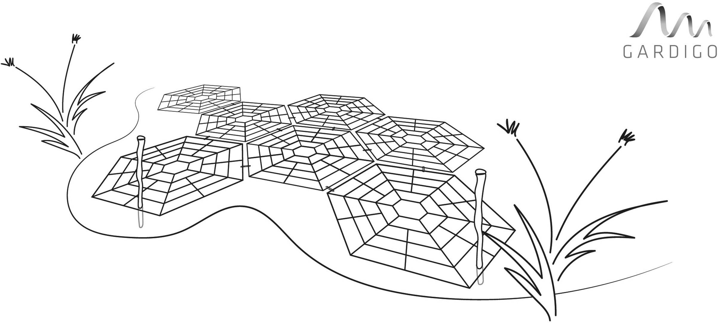 Un schéma de carrelage noir au sol dans un jardin avec des plantes et des hexagones rappelant des structures de toiles d'araignée, sur un chemin sinueux.