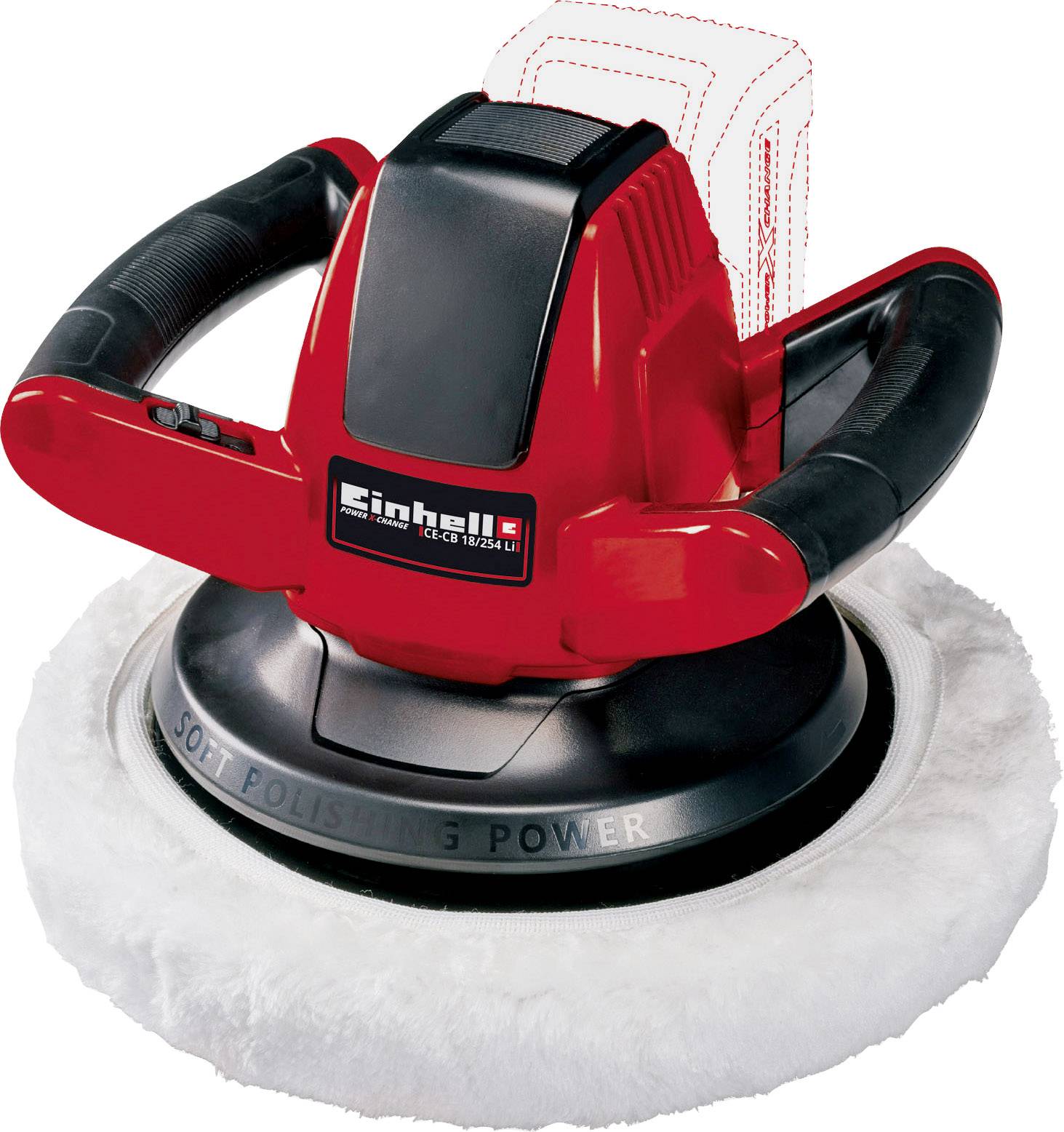 Un polisseur rouge sans fil avec deux poignées et un disque de polissage doux, adapté pour le polissage de surfaces.